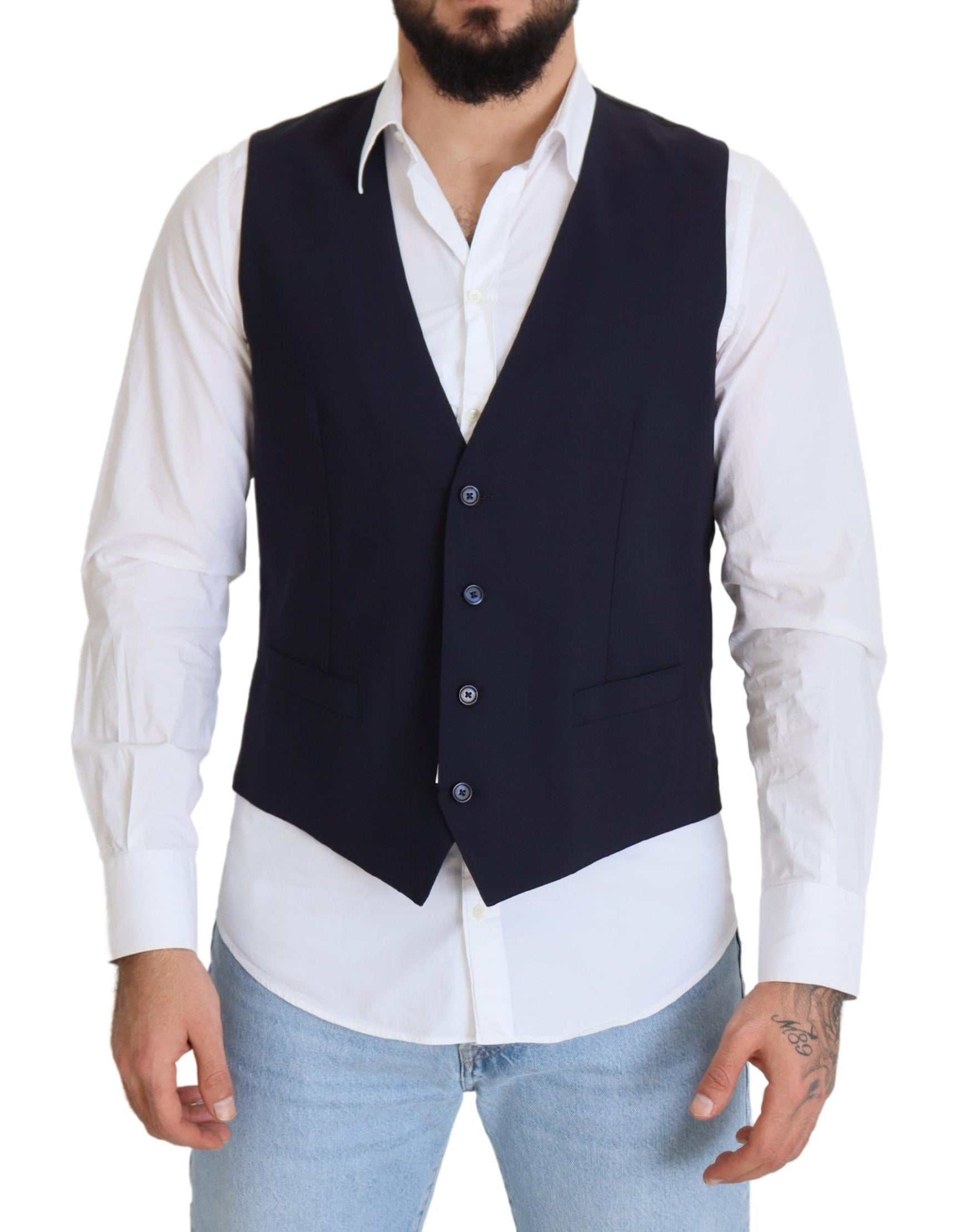 Dark Blue Wool Stretch Waistcoat Formal Vest - ventzia