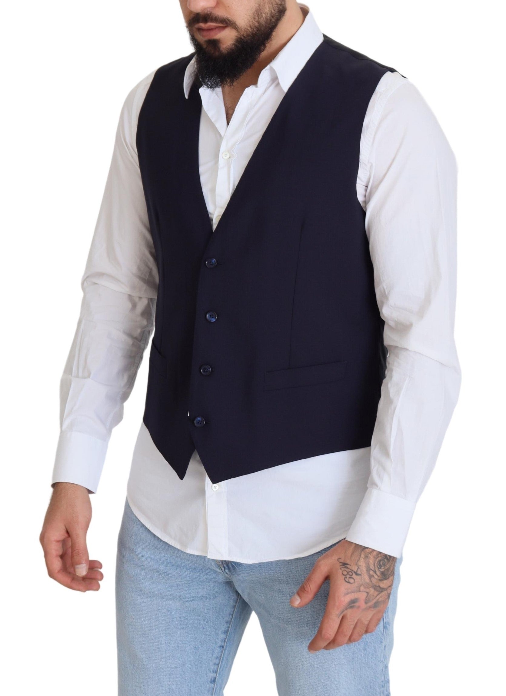 Dark Blue Wool Stretch Waistcoat Formal Vest - ventzia