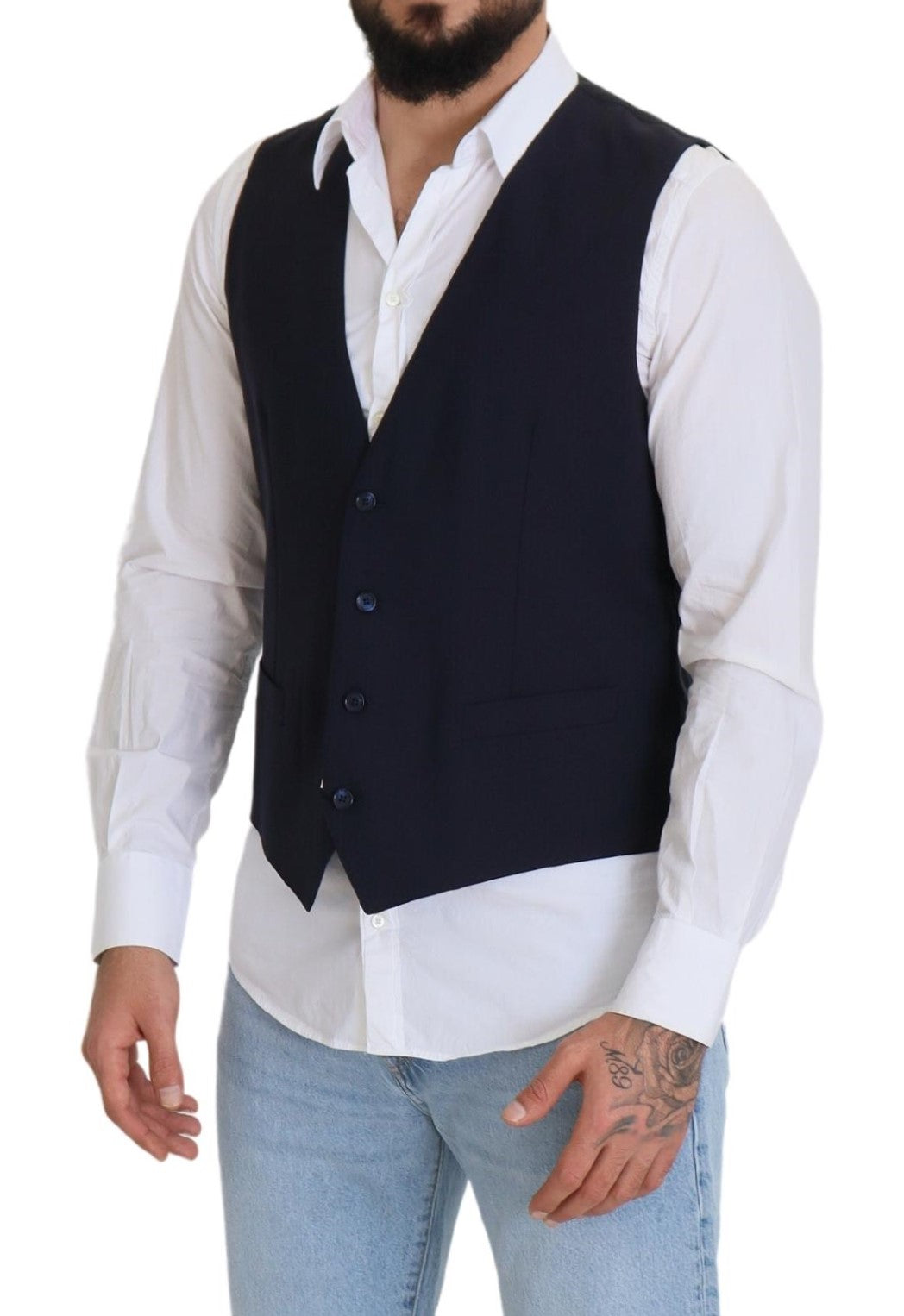 Dark Blue Wool Stretch Waistcoat Formal Vest - ventzia