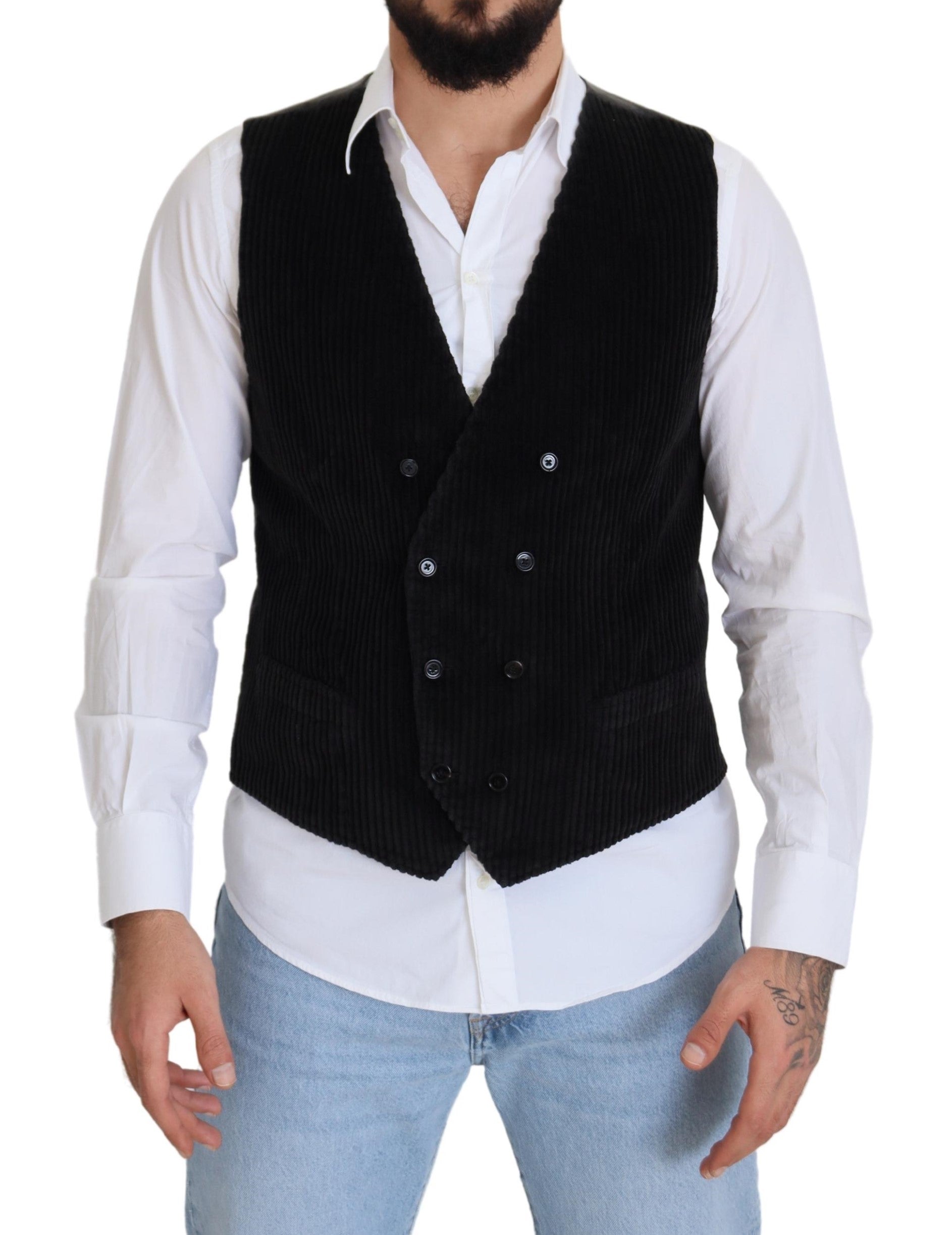 Black Cotton Double Breasted Waistcoat Vest - ventzia