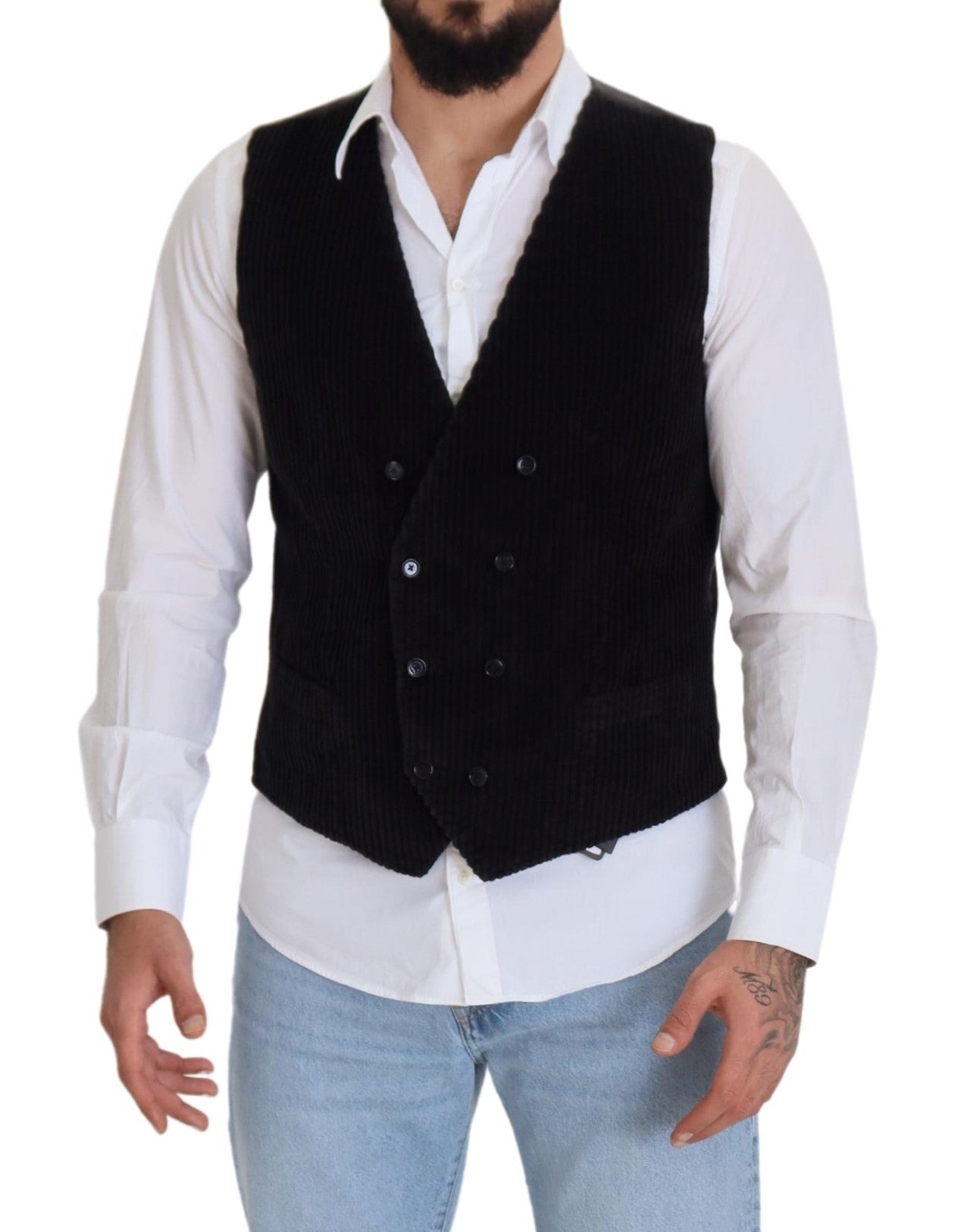 Black Cotton Double Breasted Waistcoat Vest - ventzia