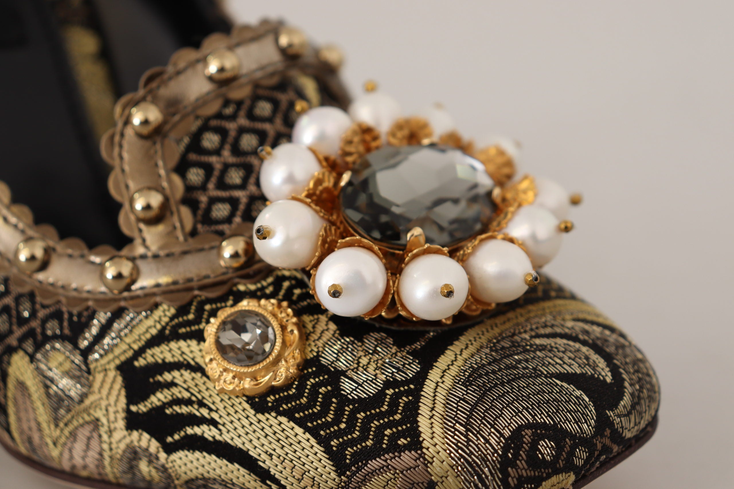 Gold Crystal Square Toe Brocade Pumps Shoes - ventzia