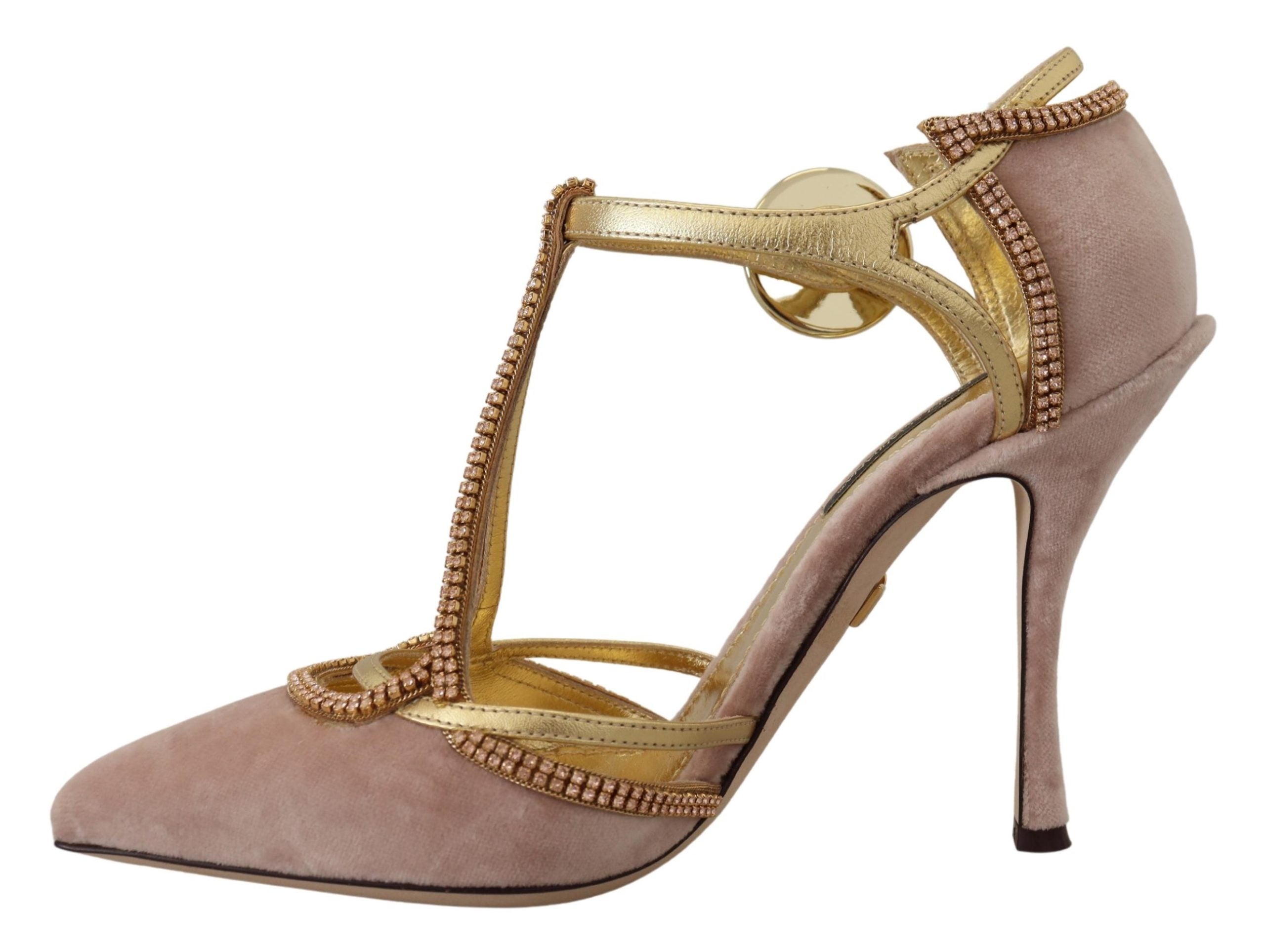 Pink Crystal T-strap Heels Pumps Shoes - ventzia