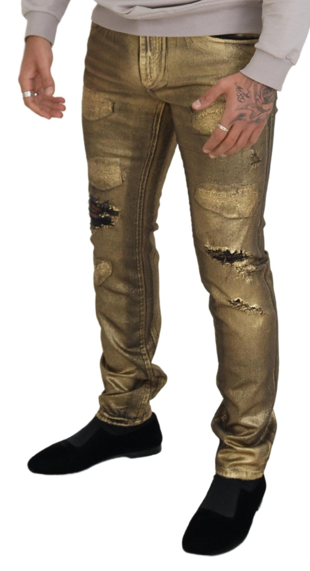 Gold Cotton Tattered Skinny Men Denim Jeans - ventzia