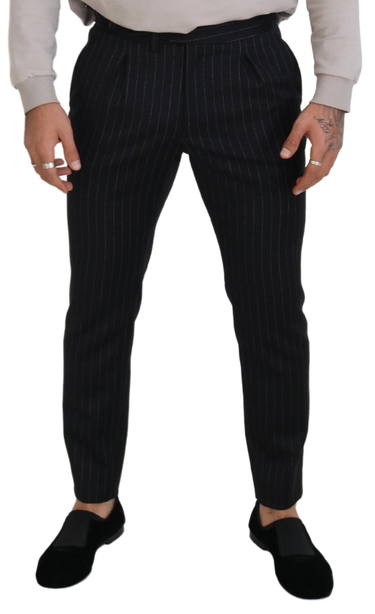 Black Wool Striped Chino Pants - ventzia