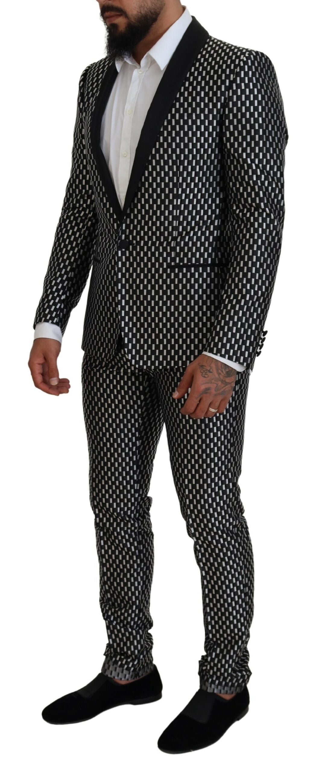 Black White Silk MARTINI Slim Fit Suit - ventzia