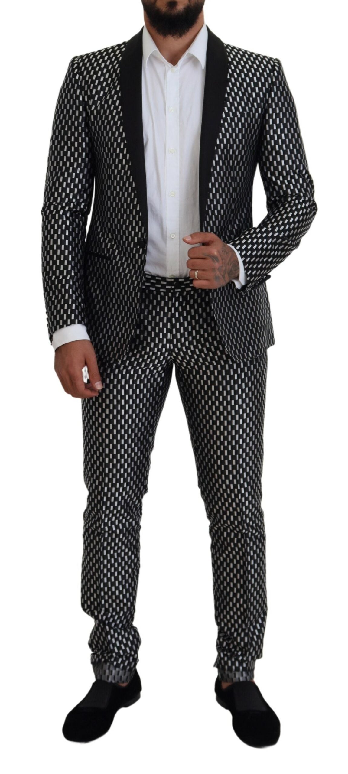 Black White Silk MARTINI Slim Fit Suit - ventzia