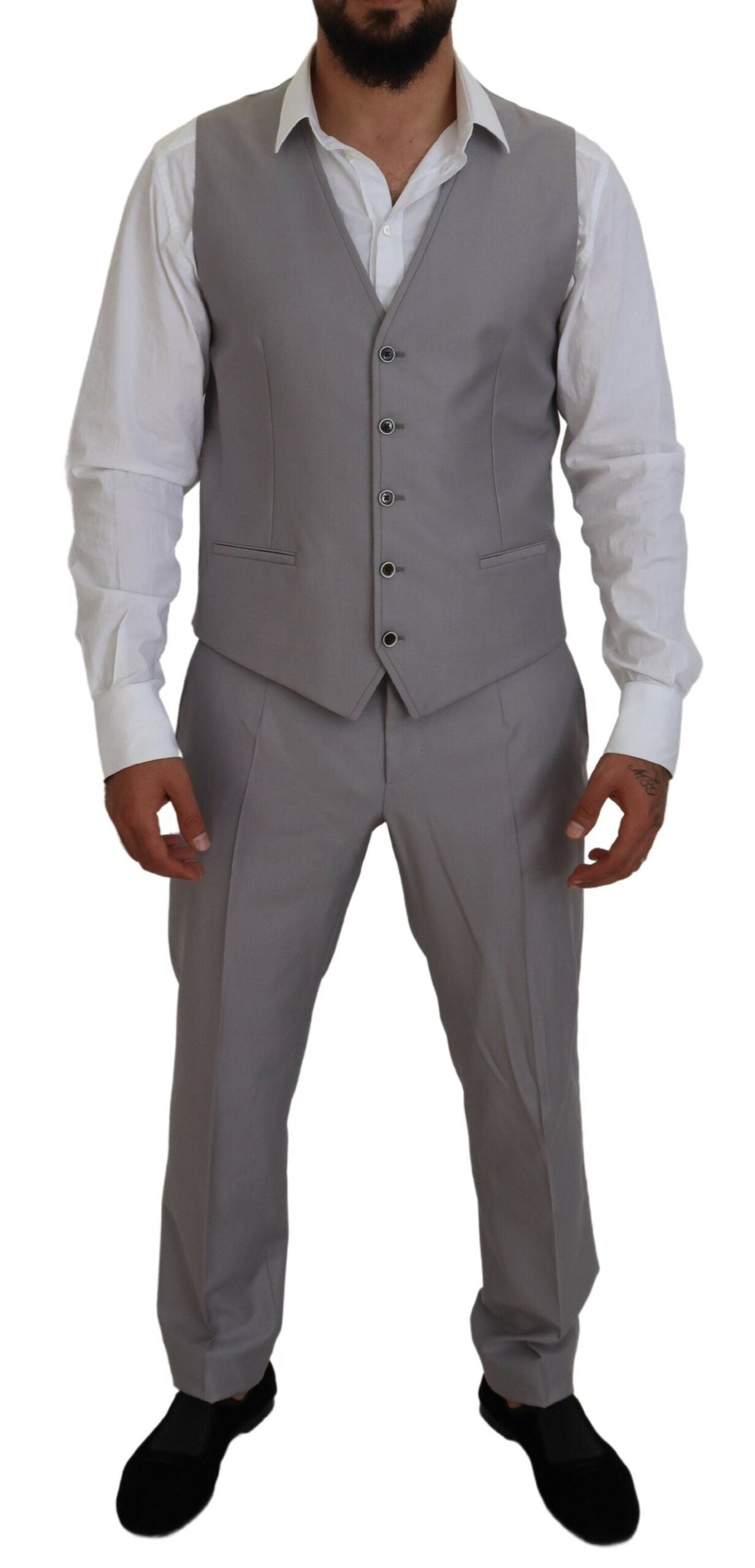 Silver Wool Silk 3 Piece Slim Fit Suit - ventzia