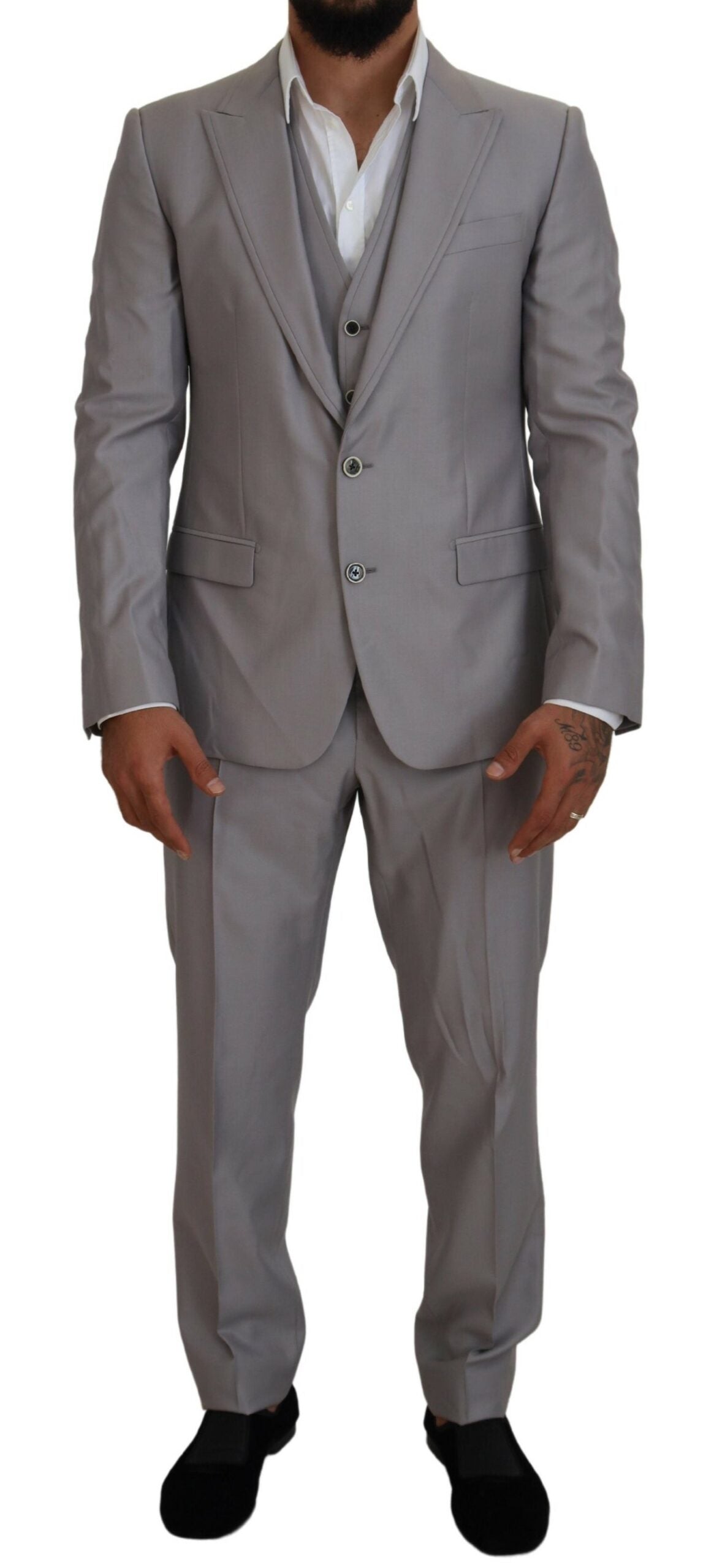 Silver Wool Silk 3 Piece Slim Fit Suit - ventzia