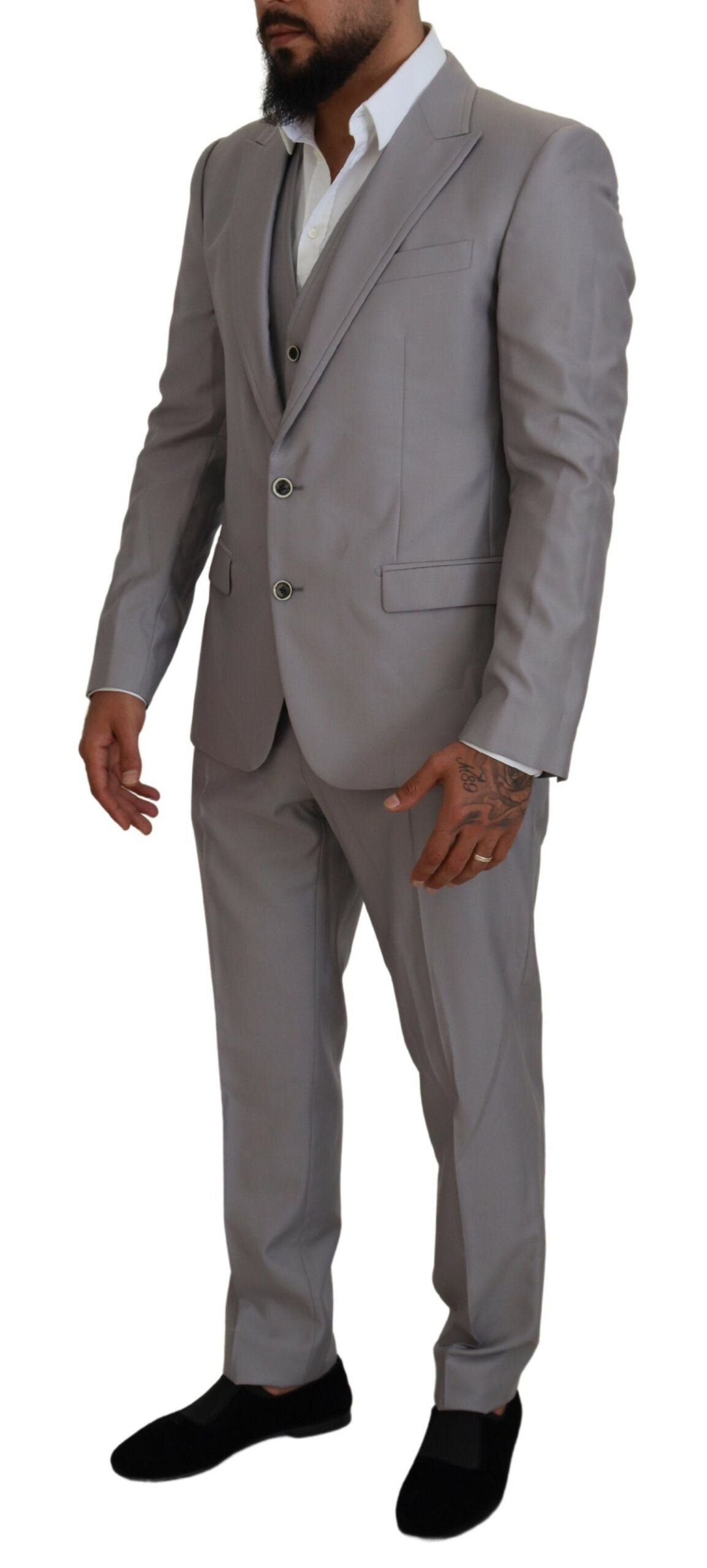 Silver Wool Silk 3 Piece Slim Fit Suit - ventzia