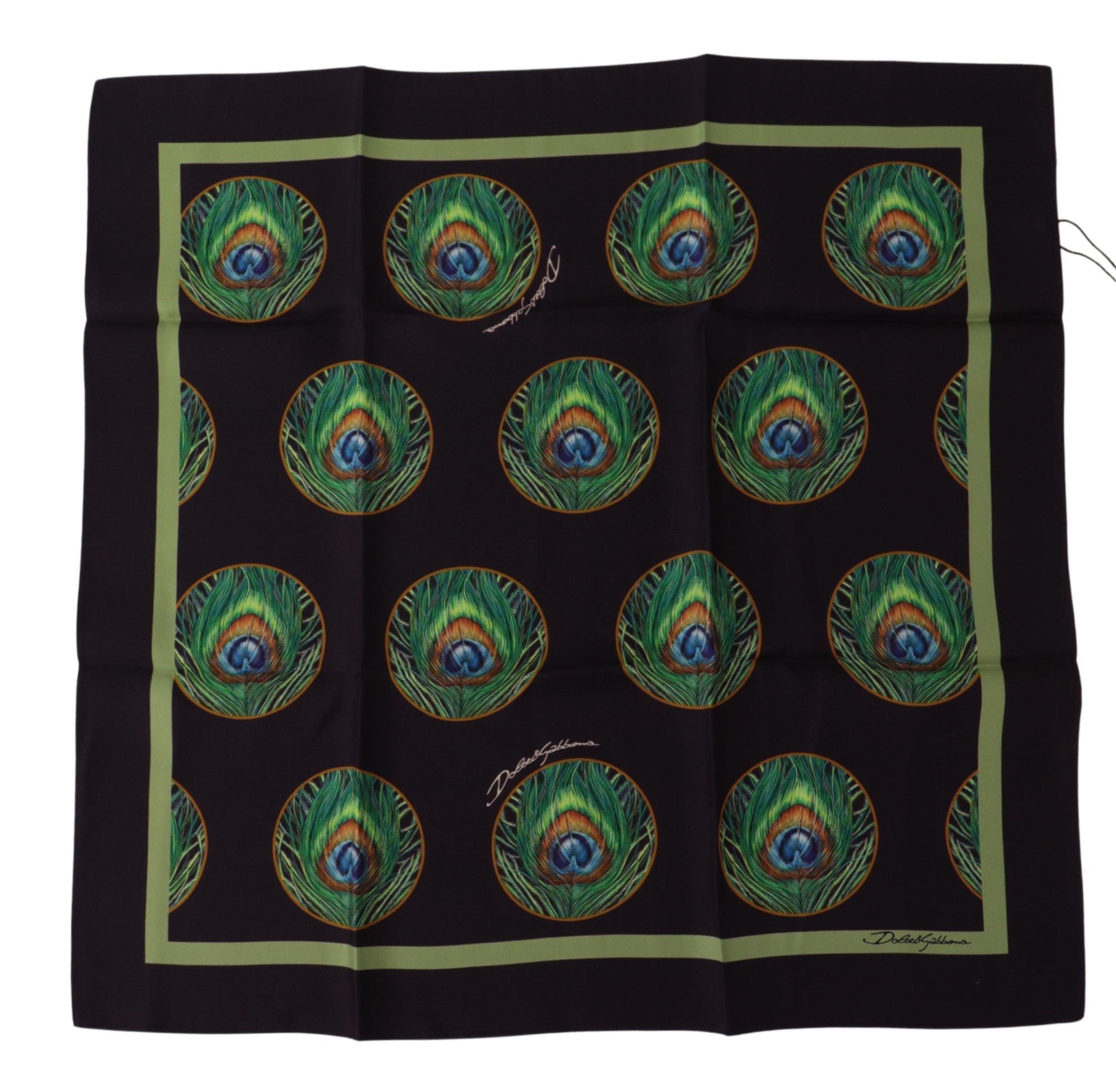 Black Peacock Feather DG Printed Square Handkerchief Scarf - ventzia