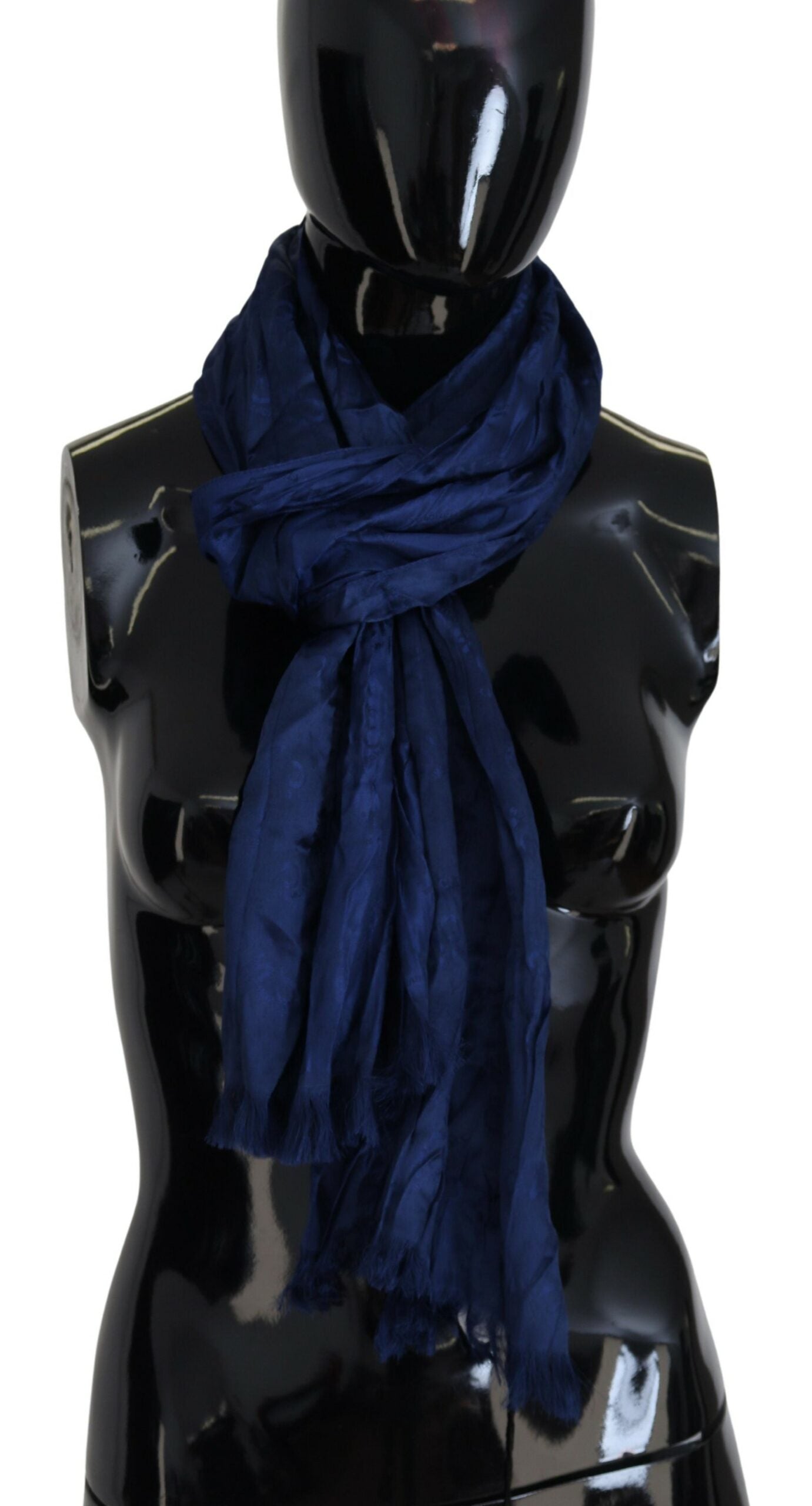 Blue Silk Shawl Foulard Fringes Scarf - ventzia