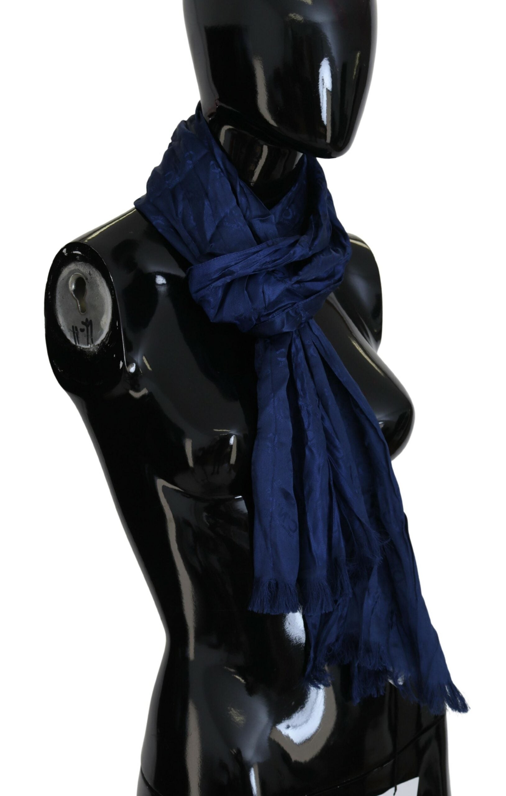 Blue Silk Shawl Foulard Fringes Scarf - ventzia