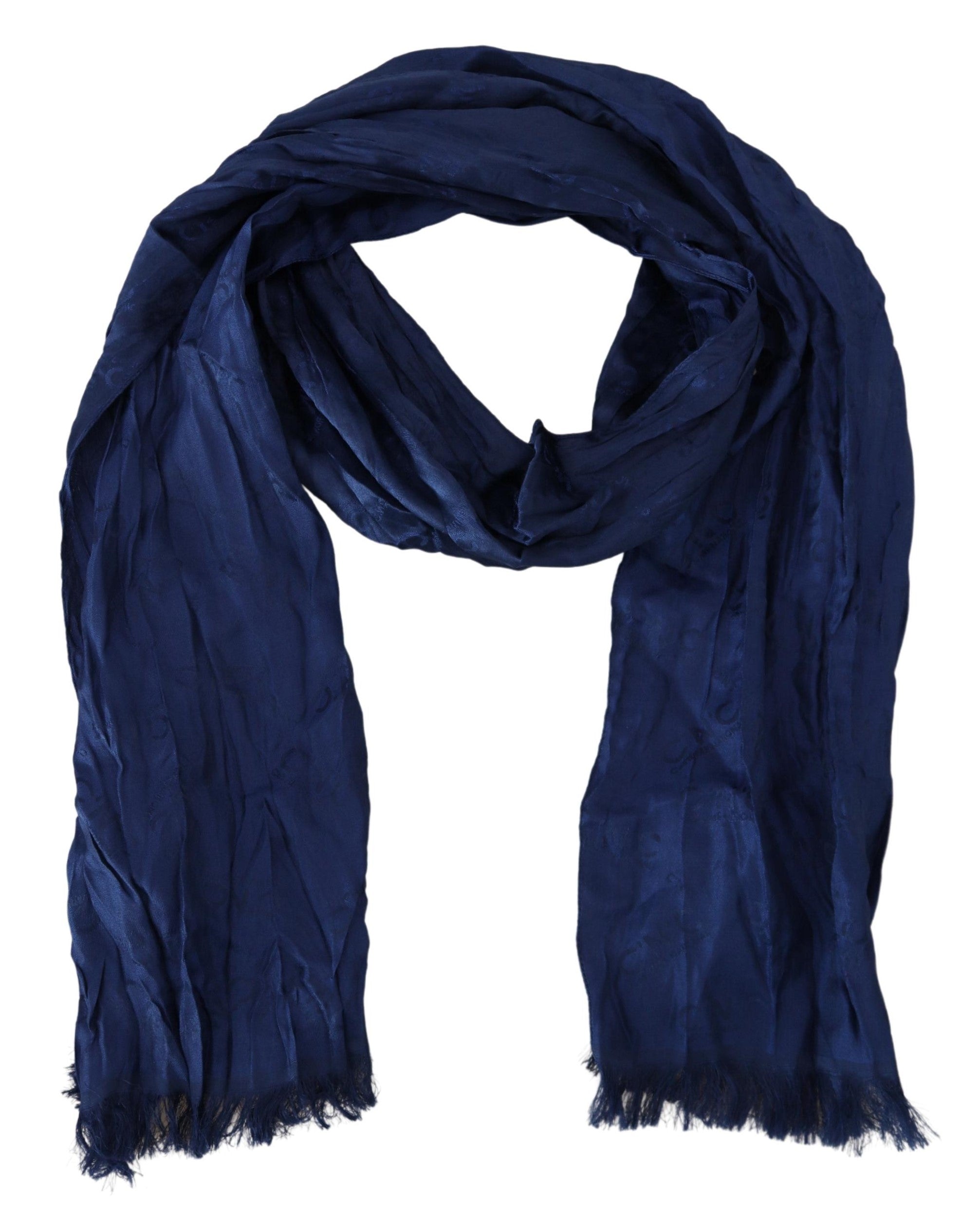 Blue Silk Shawl Foulard Fringes Scarf - ventzia