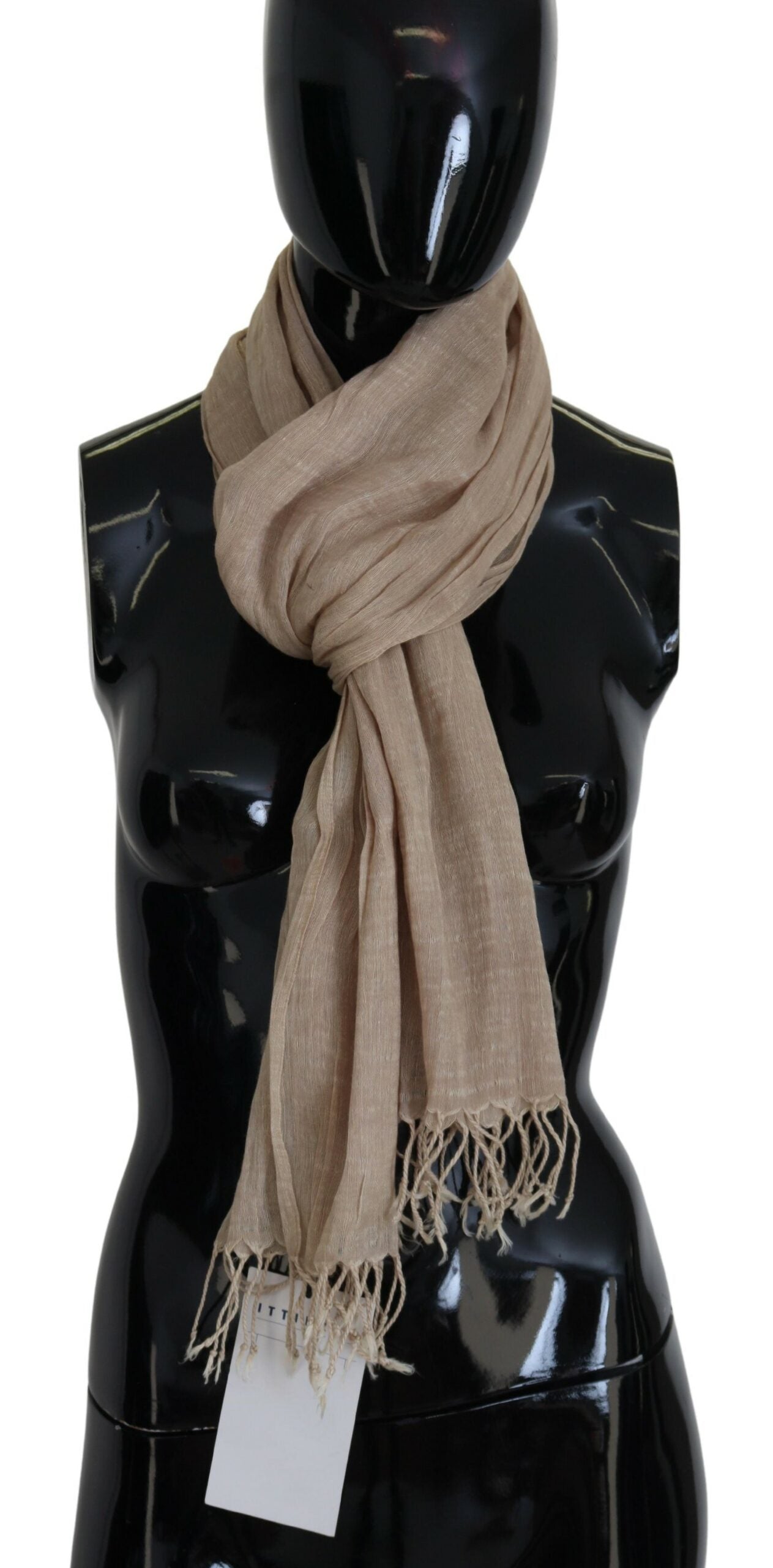 Beige Cotton Shawl Foulard Fringe Scarf - ventzia