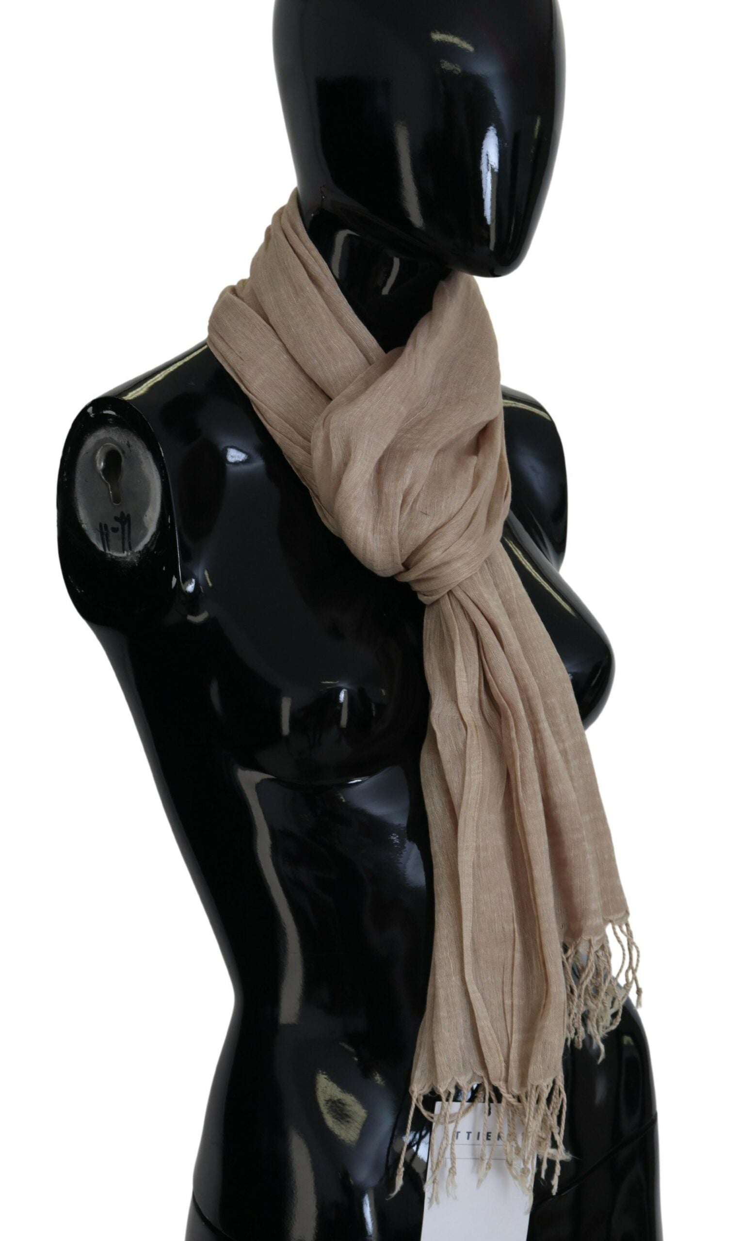 Beige Cotton Shawl Foulard Fringe Scarf - ventzia