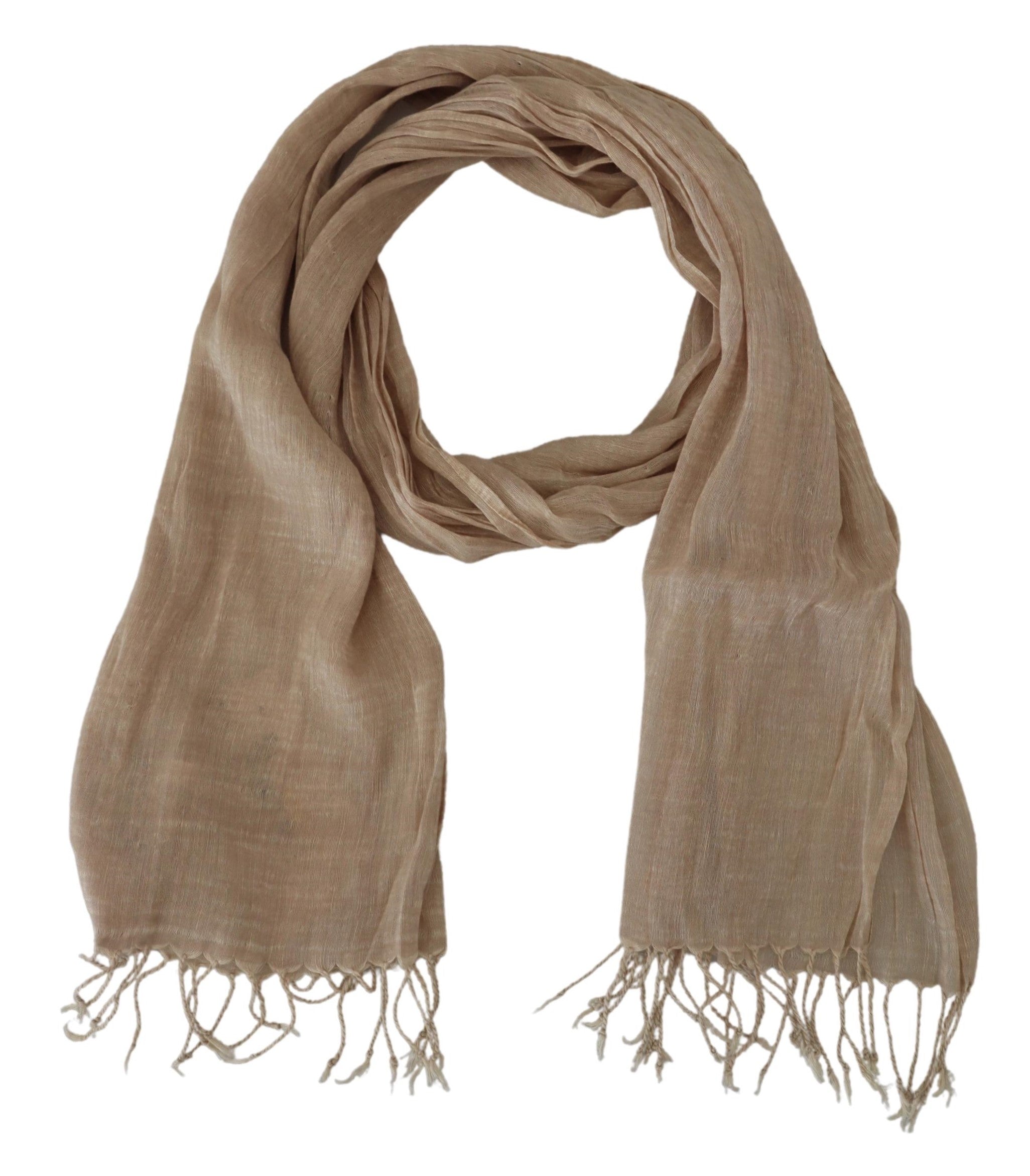 Beige Cotton Shawl Foulard Fringe Scarf - ventzia