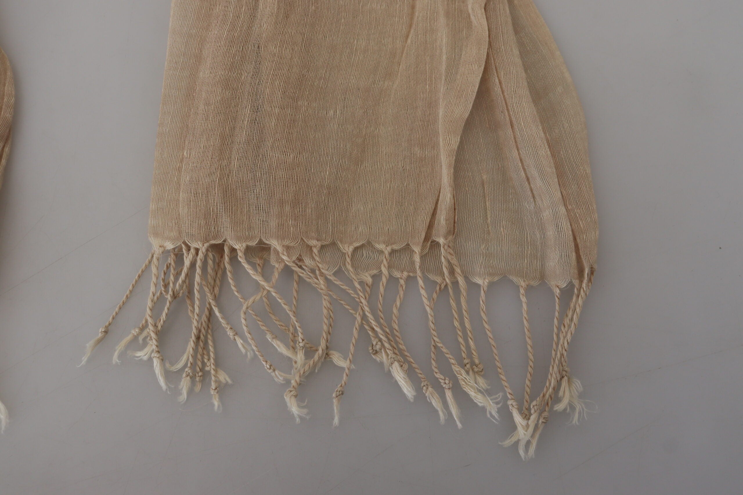 Beige Cotton Shawl Foulard Fringe Scarf - ventzia