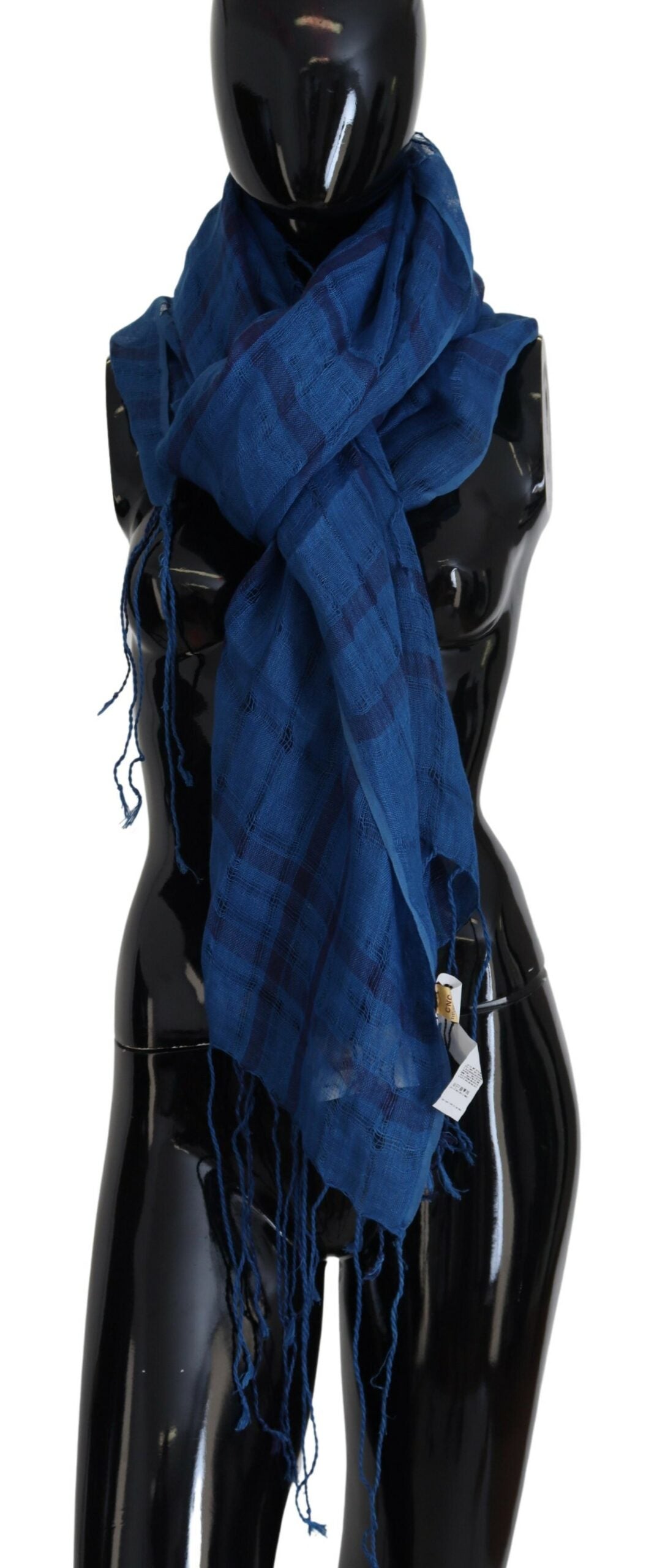 Blue Linen Shawl Foulard Fringes Scarf - ventzia