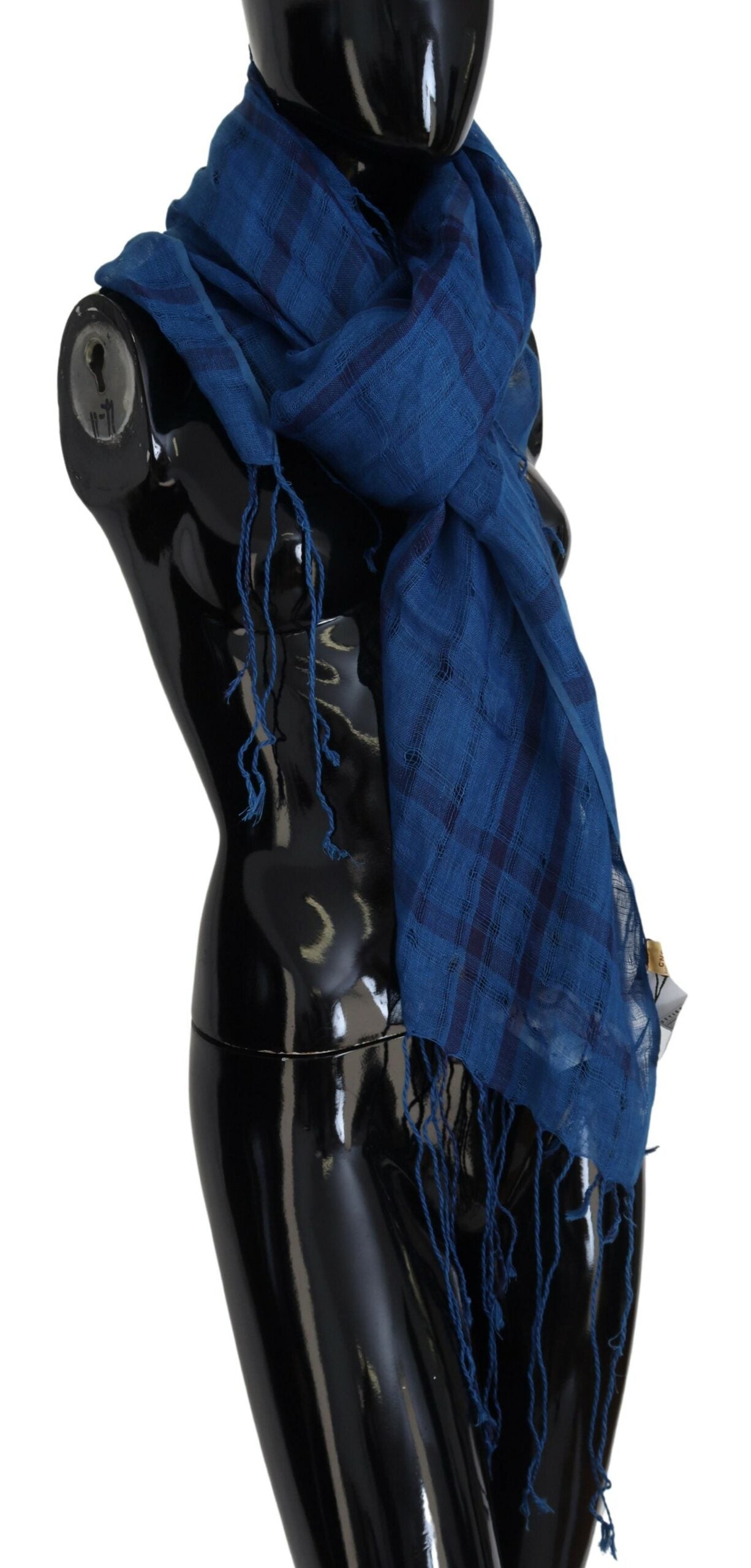 Blue Linen Shawl Foulard Fringes Scarf - ventzia