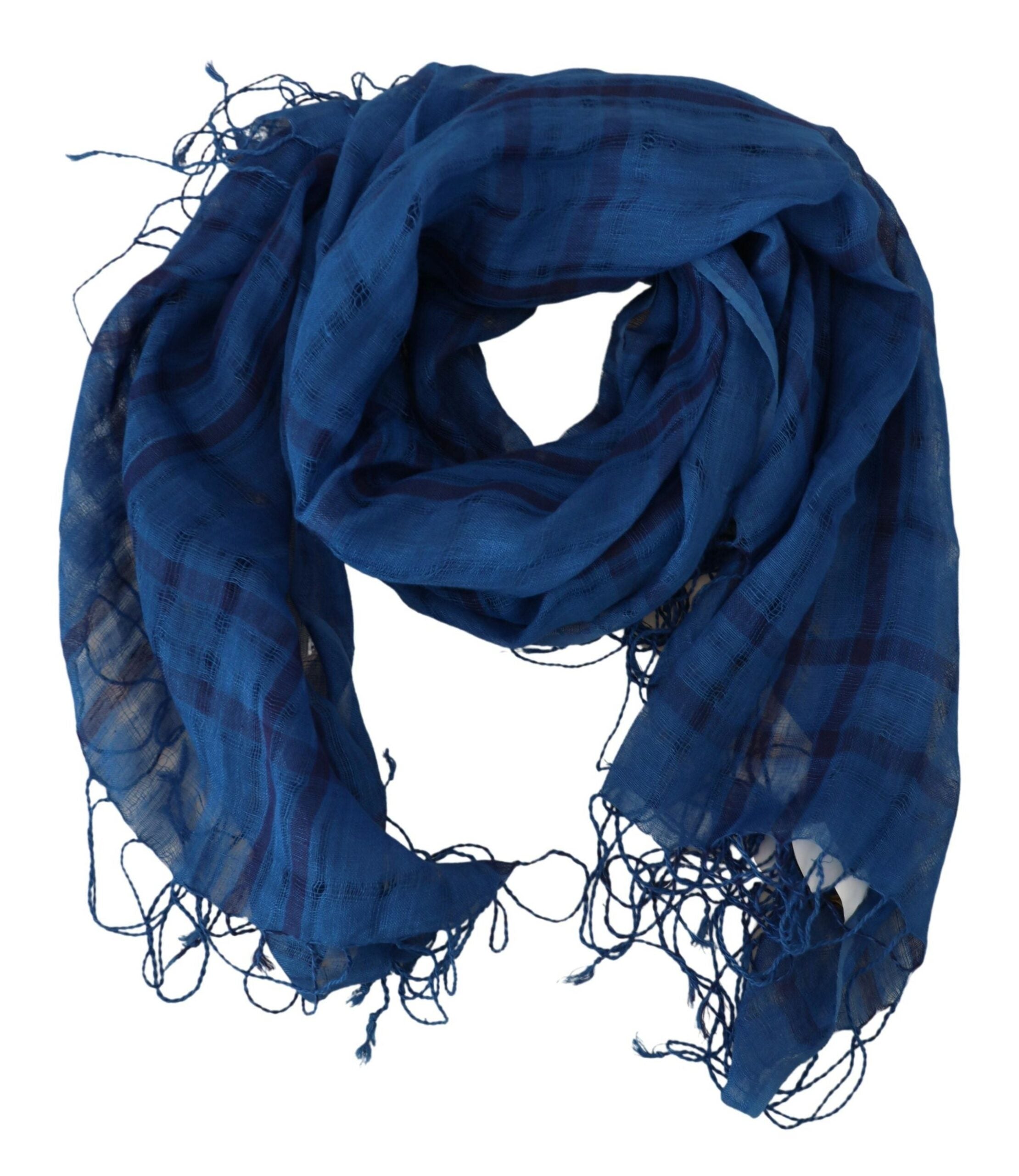 Blue Linen Shawl Foulard Fringes Scarf - ventzia