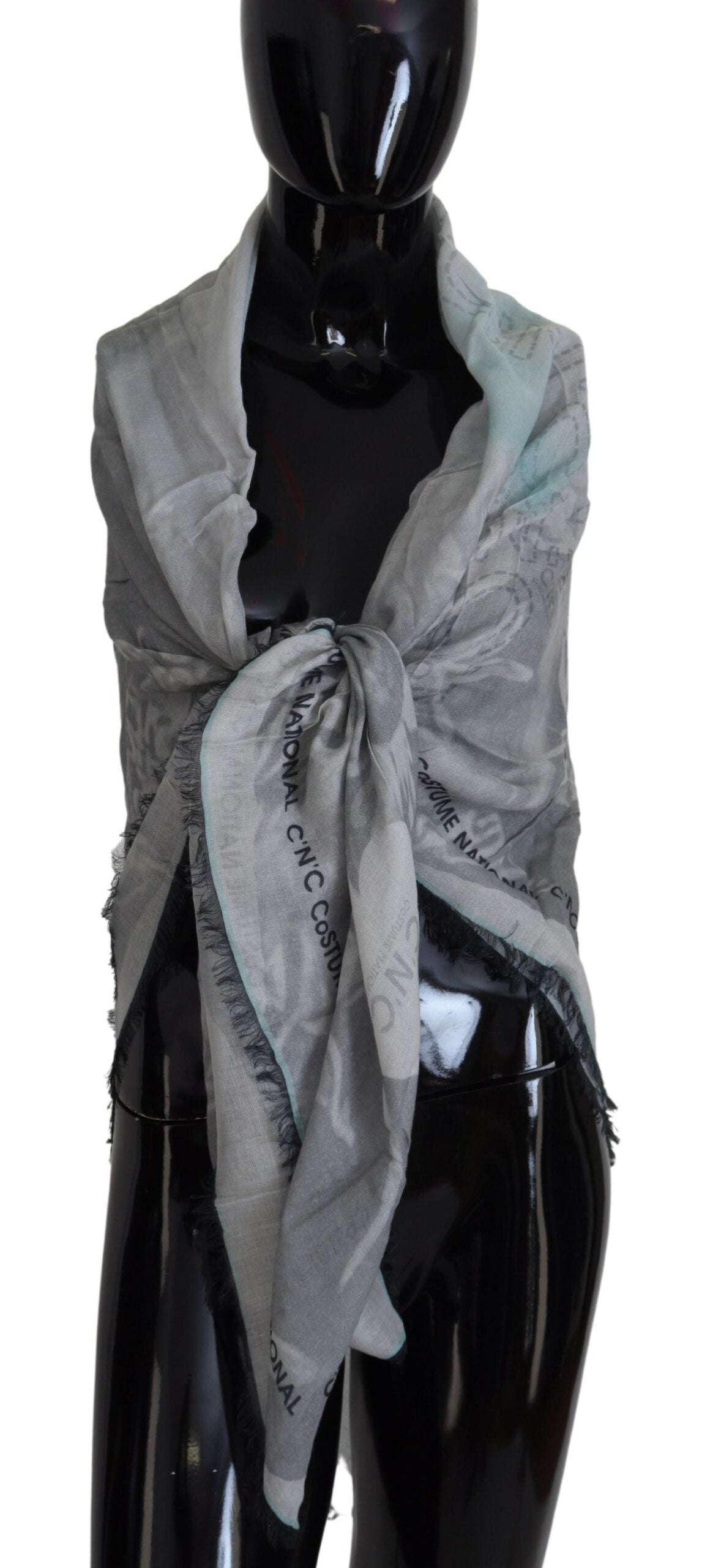 Gray Print Shawl Foulard Fringes Scarf - ventzia