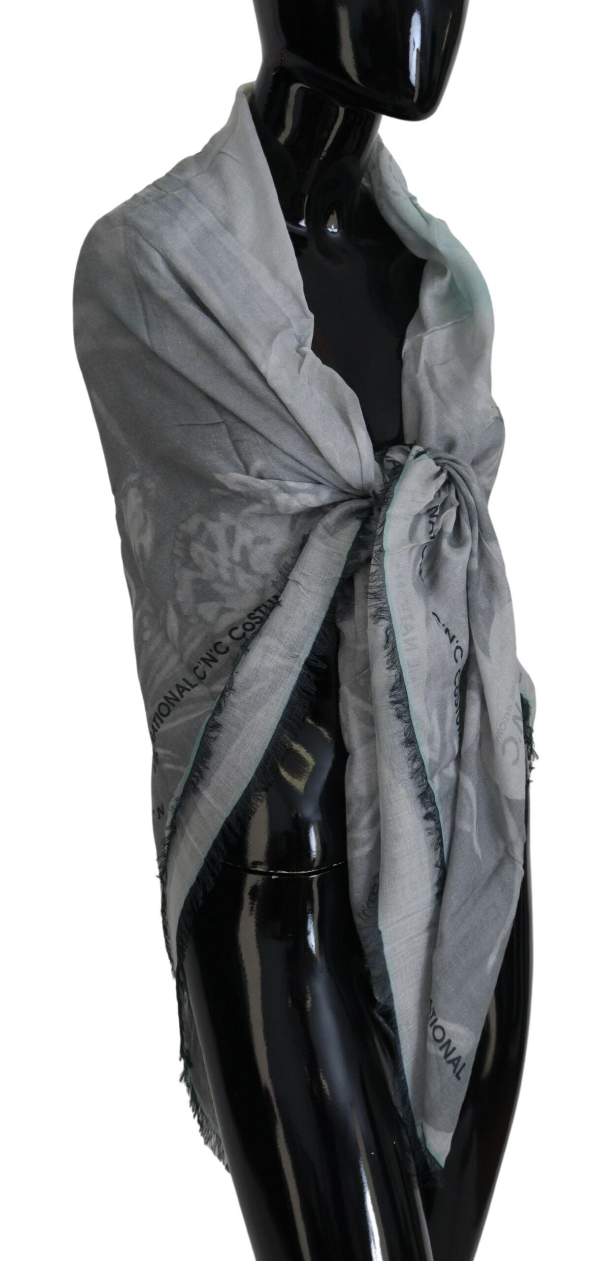Gray Print Shawl Foulard Fringes Scarf - ventzia