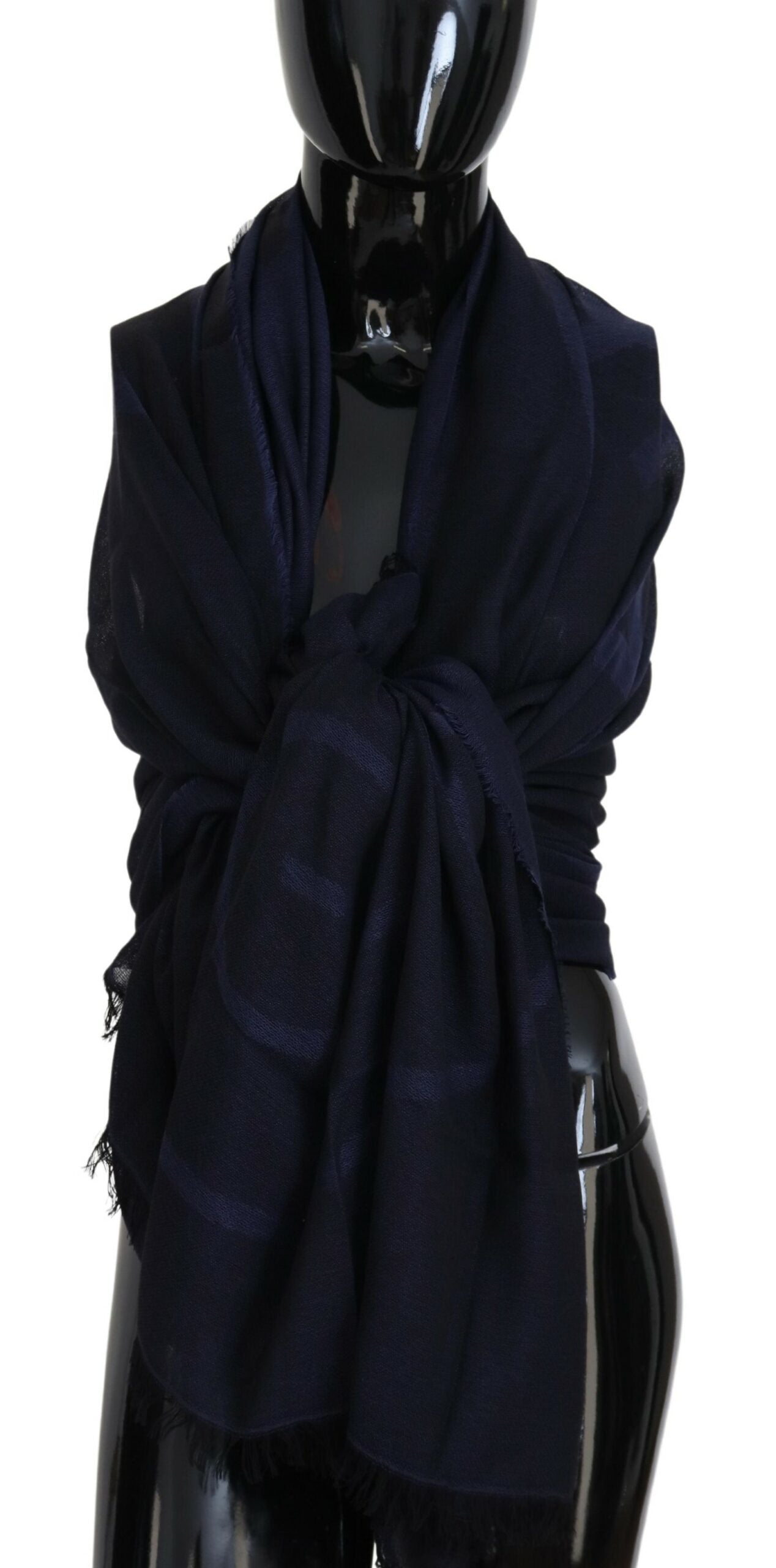 Dark Blue Wool Neck Wrap Shawl Fringes Scarf - ventzia