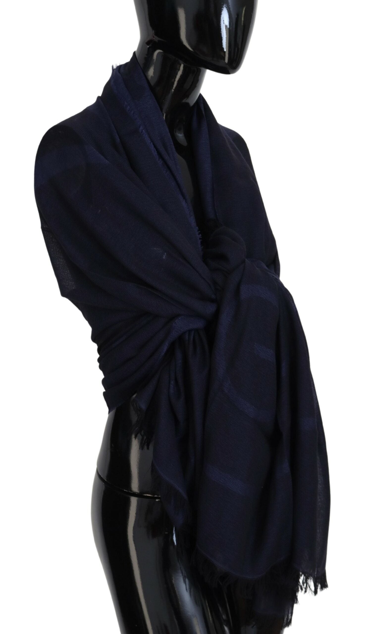 Dark Blue Wool Neck Wrap Shawl Fringes Scarf - ventzia