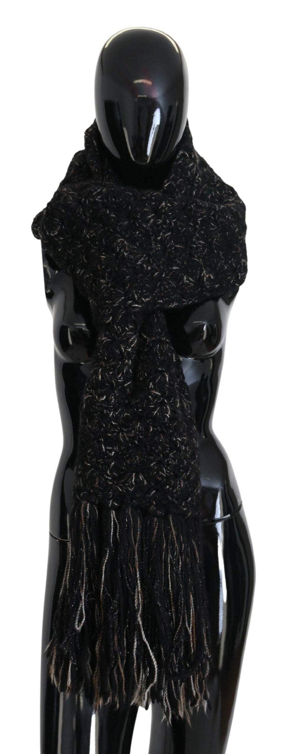 Black Wool Knitted Wrap Foulard Fringe Scarf - ventzia