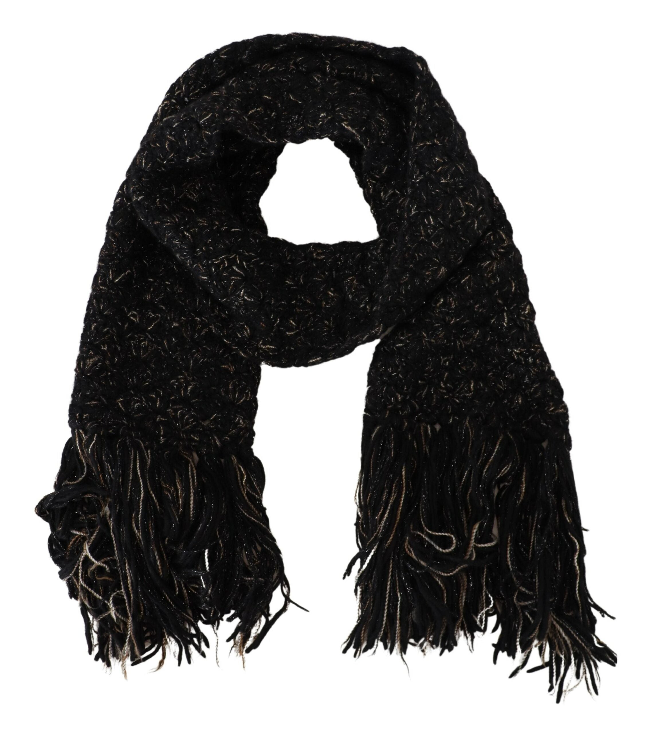 Black Wool Knitted Wrap Foulard Fringe Scarf - ventzia