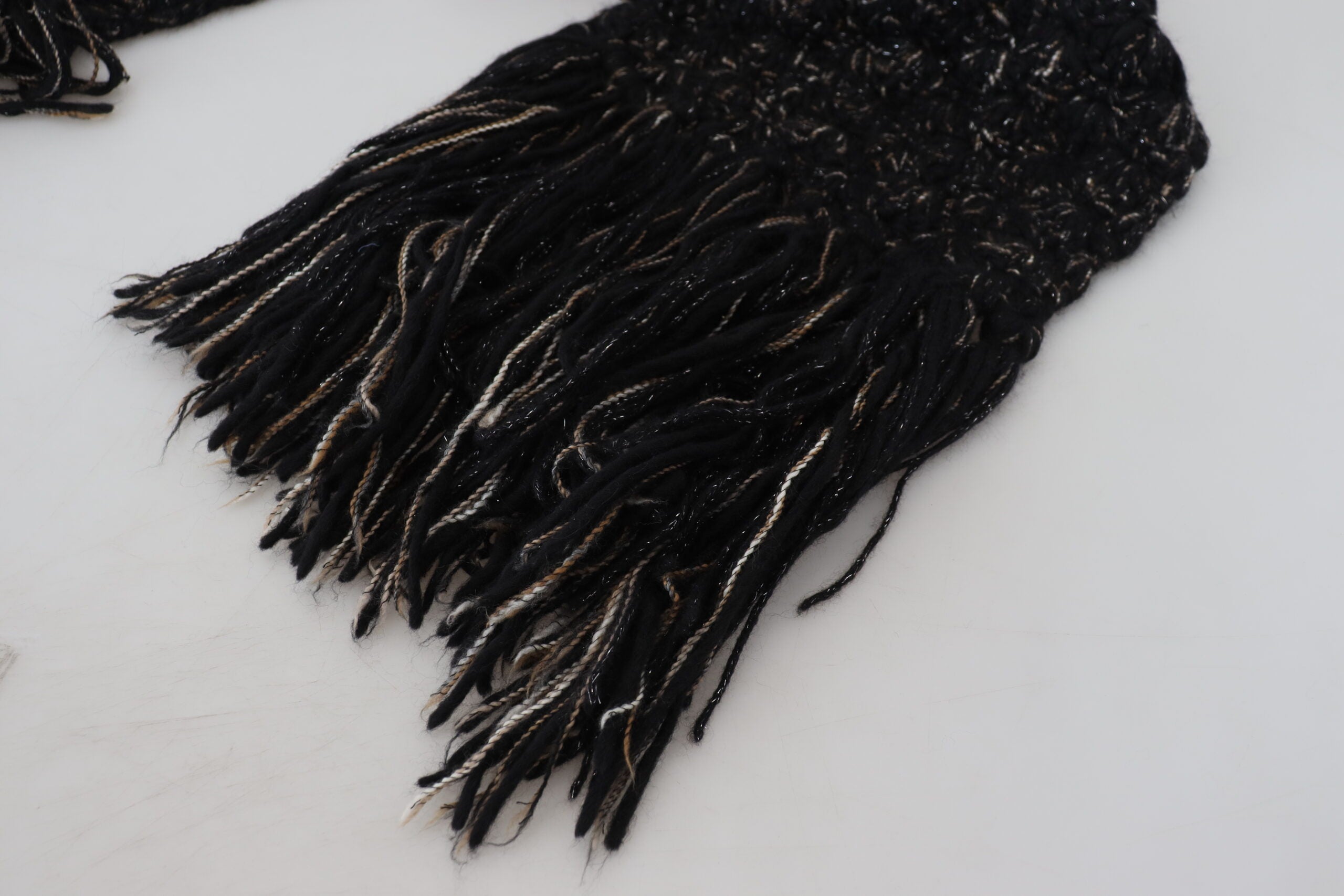 Black Wool Knitted Wrap Foulard Fringe Scarf - ventzia