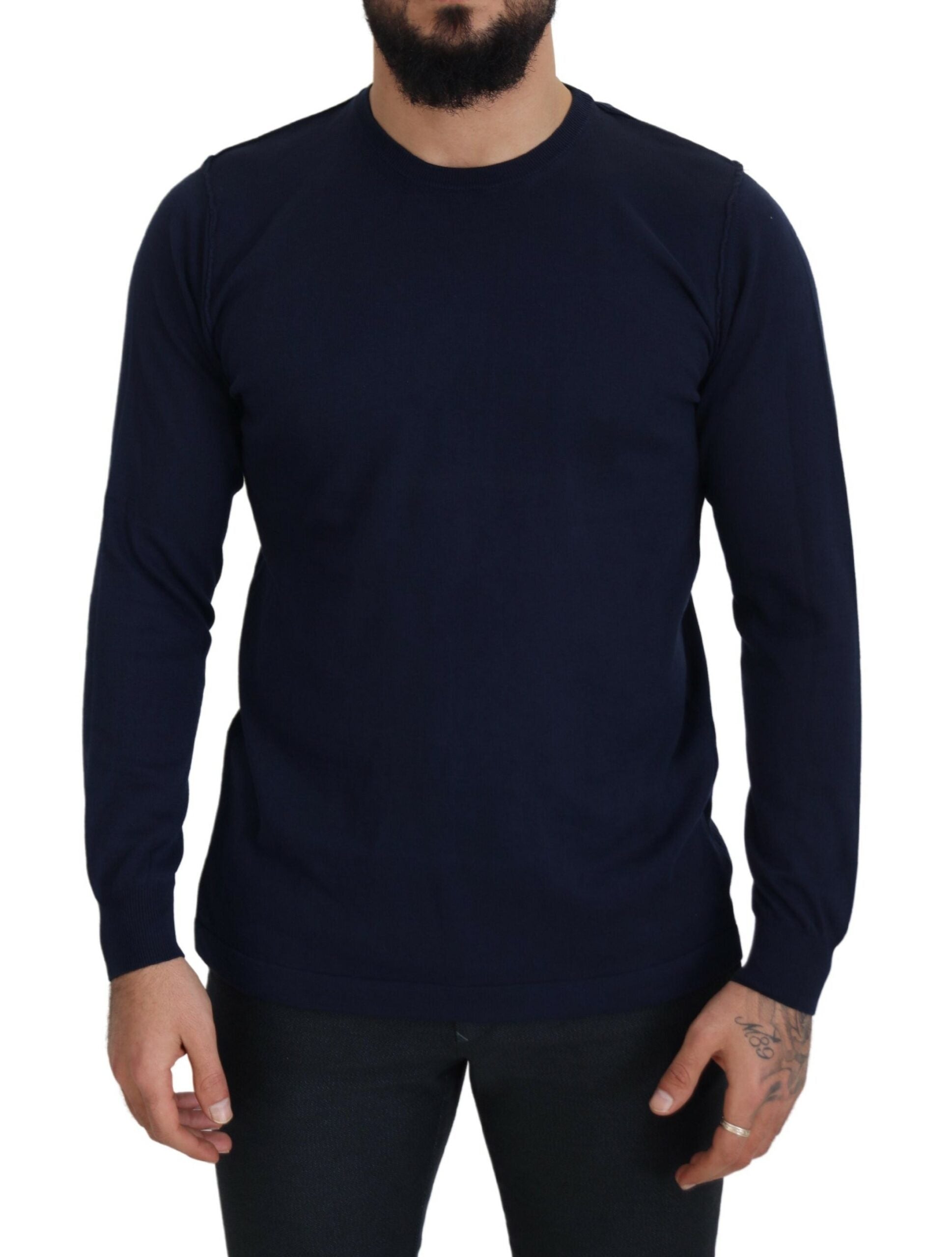 Blue Cotton Crewneck Pullover Sweater - ventzia