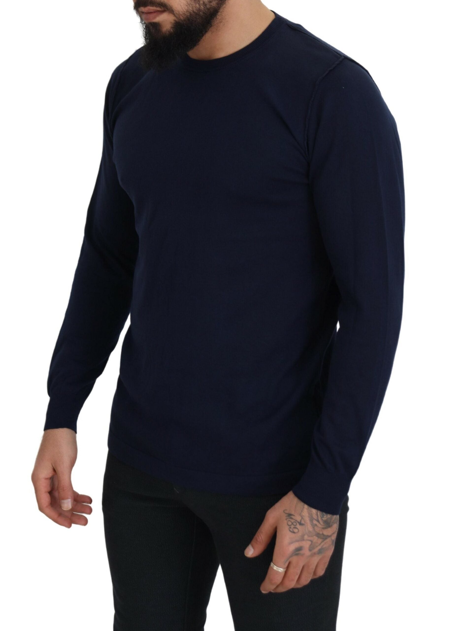 Blue Cotton Crewneck Pullover Sweater - ventzia