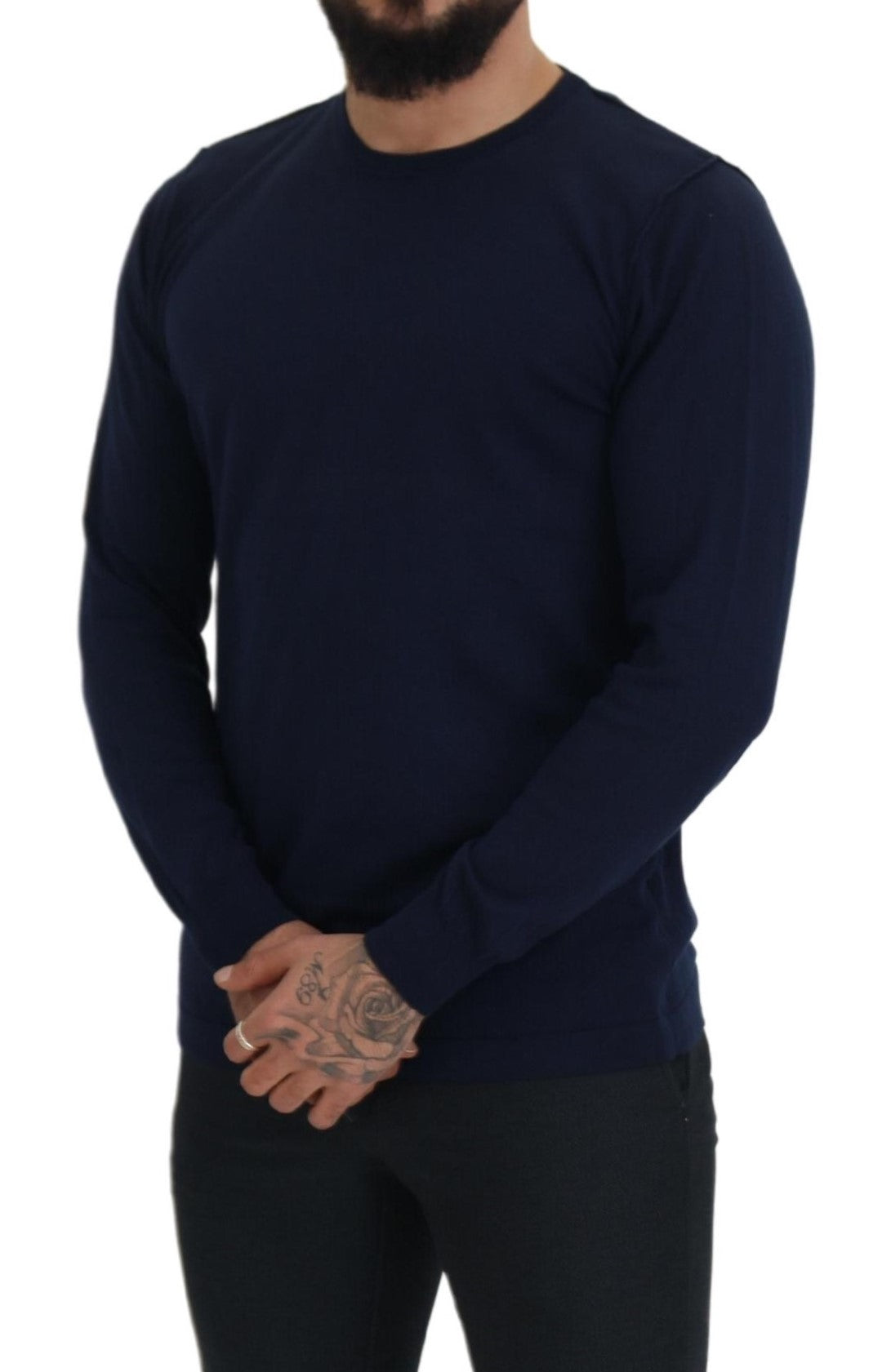 Blue Cotton Crewneck Pullover Sweater - ventzia