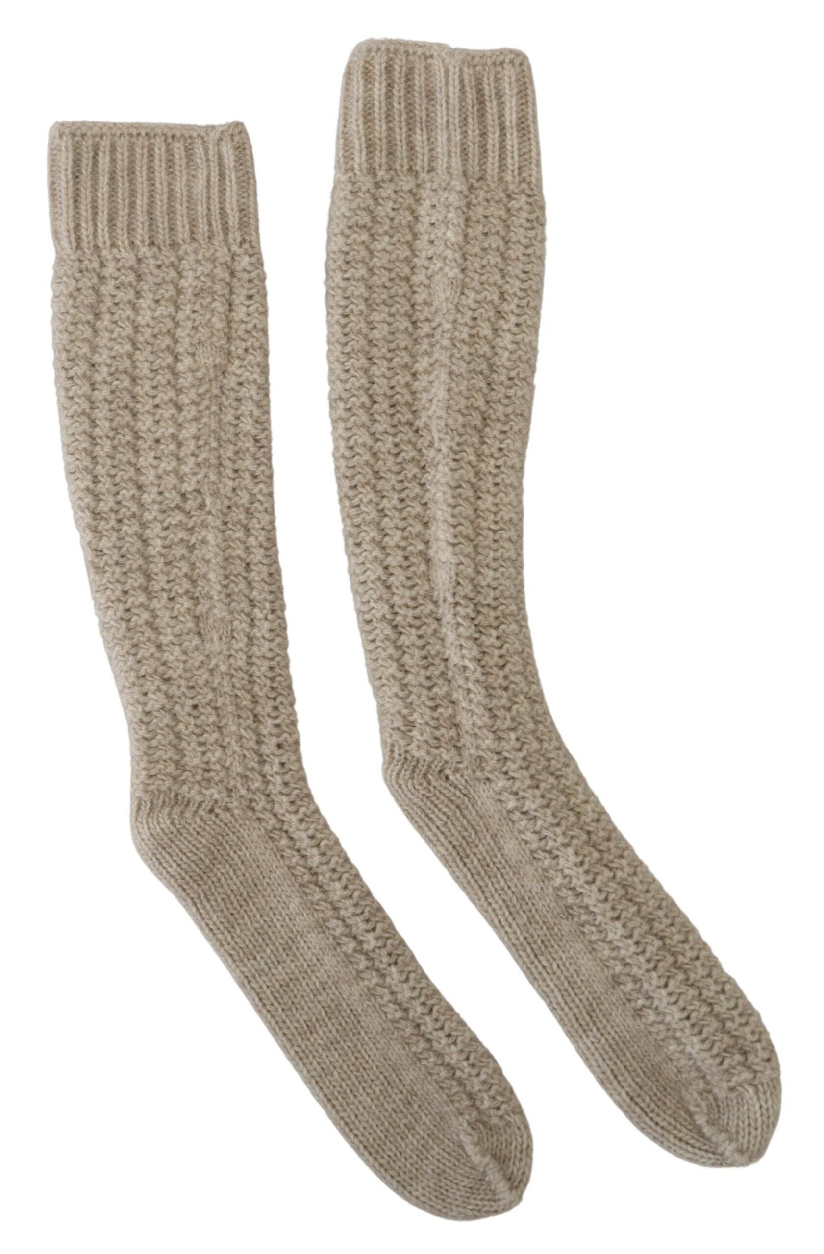 Beige Wool Knit Calf Long Women Socks - ventzia