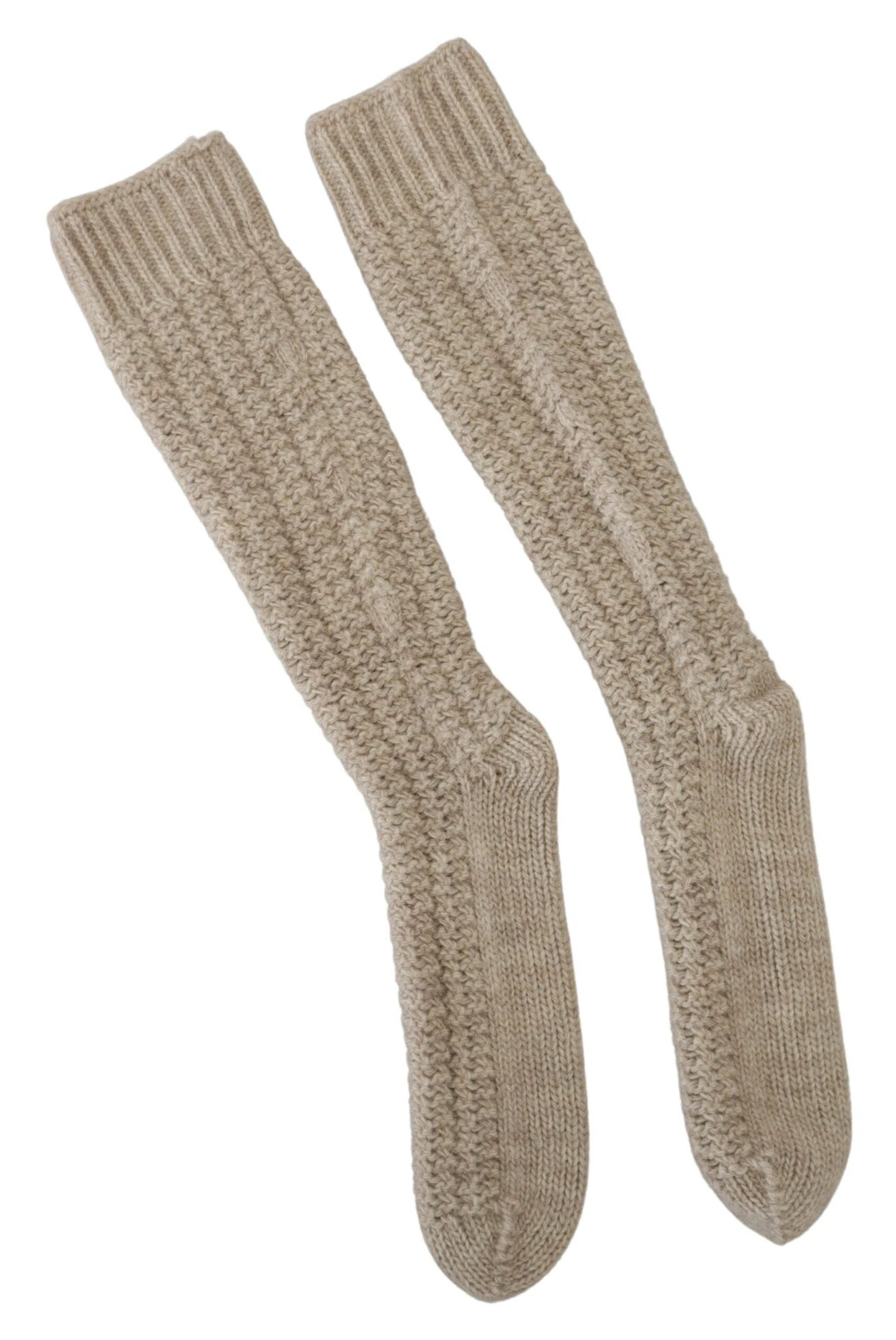 Beige Wool Knit Calf Long Women Socks - ventzia