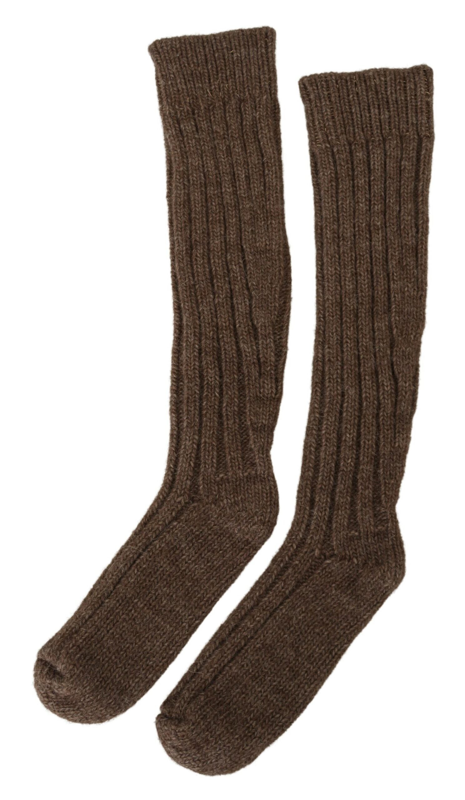 Brown Wool Knit Calf Long Women Socks - ventzia