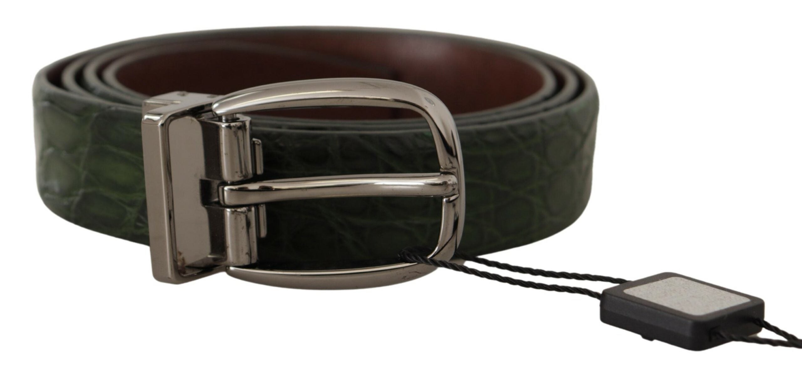 Green Exotic Leather Silver Buckle Belt - ventzia
