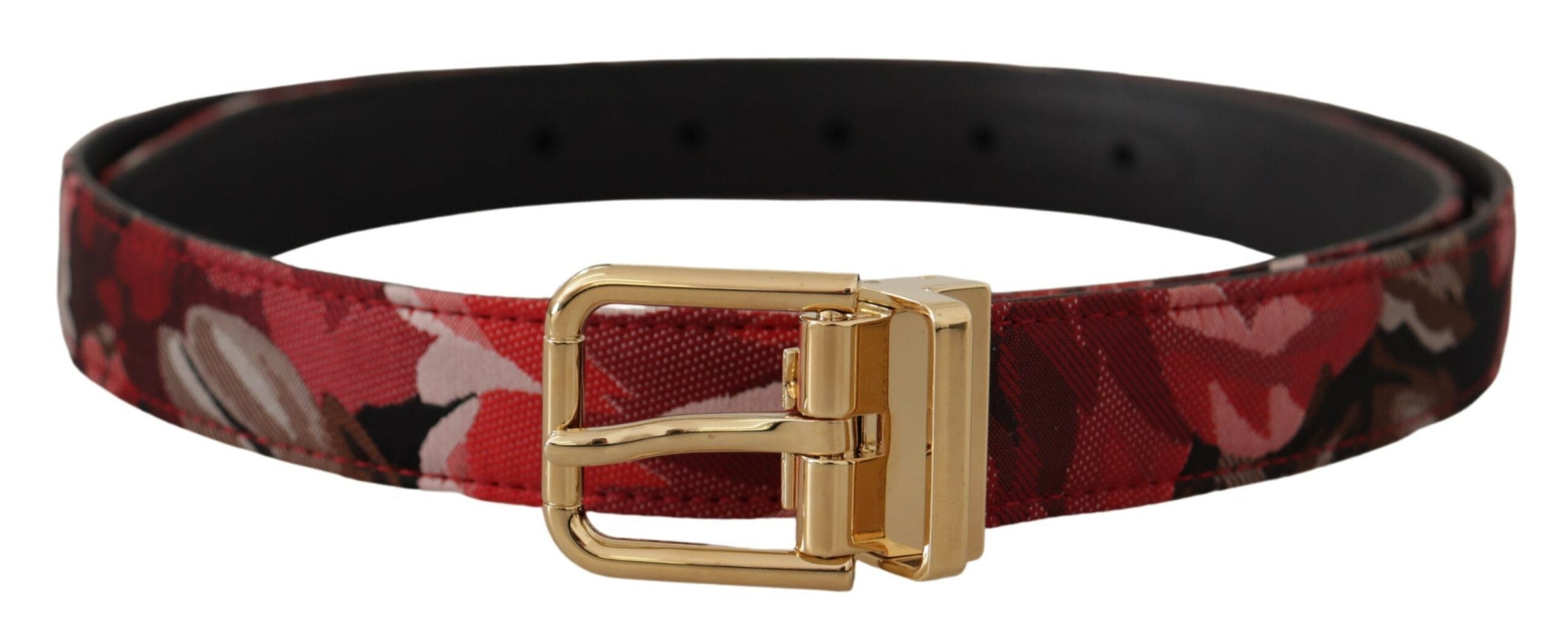 Red Jacquard Rose Leather Gold Metal Buckle Belt - ventzia