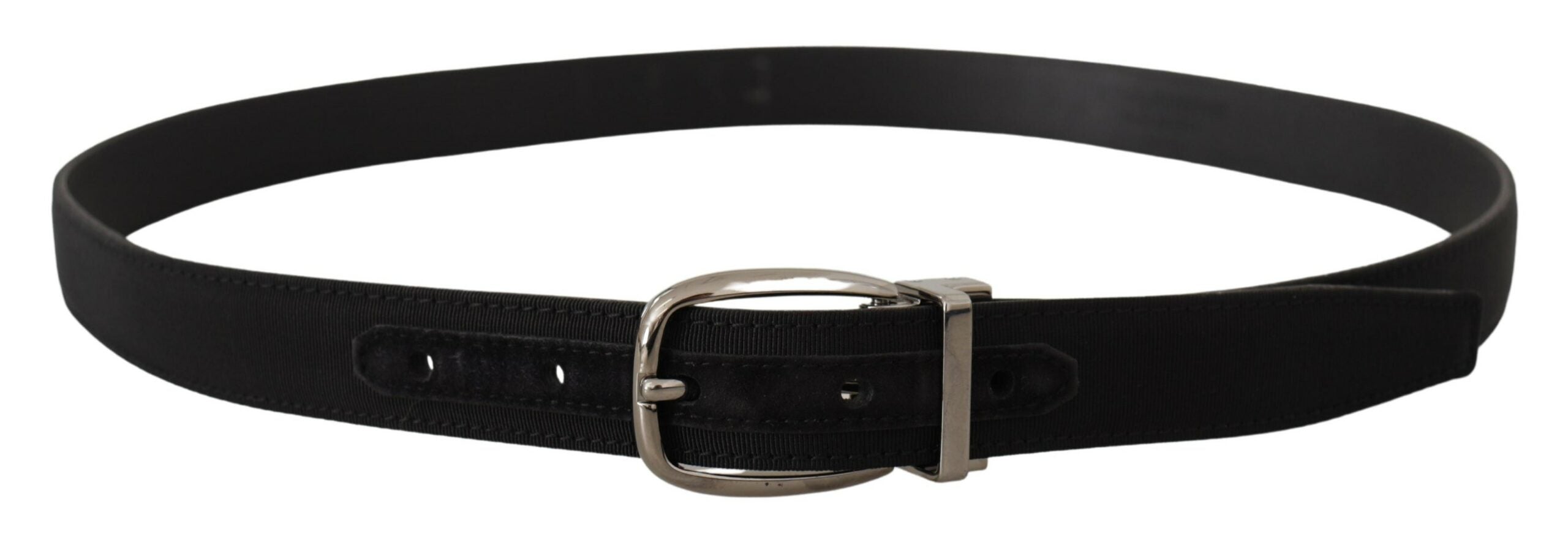 Black Grosgrain Leather Silver Logo Buckle Belt - ventzia