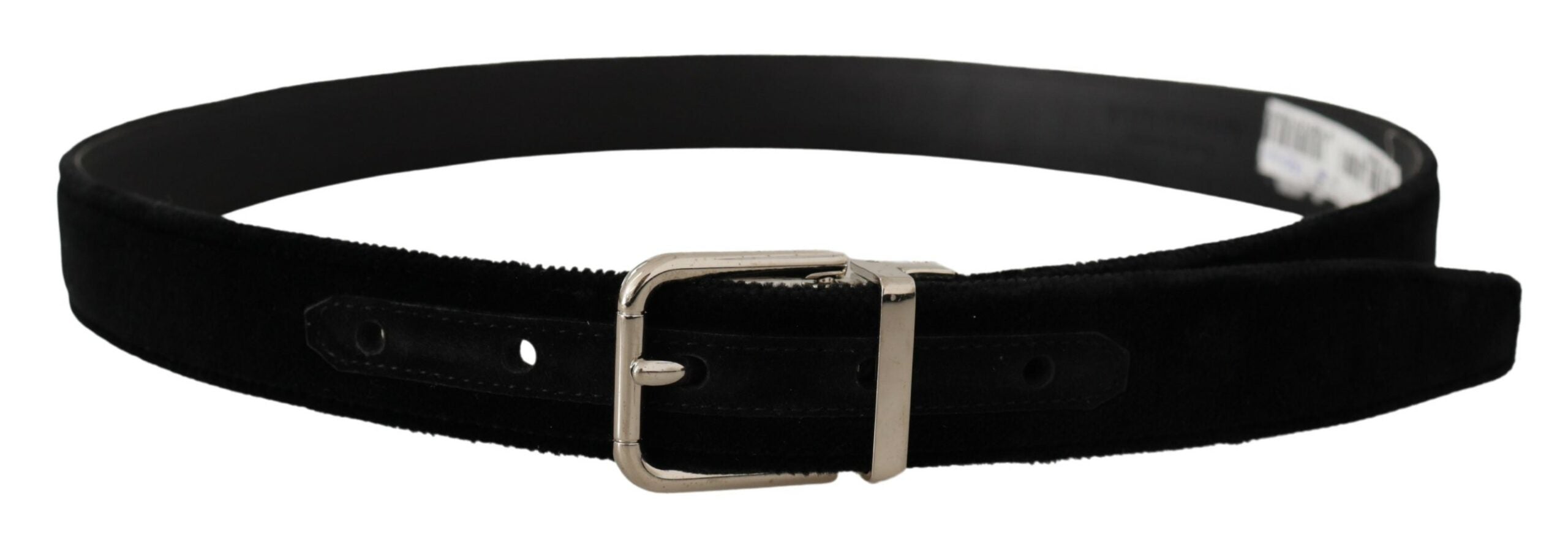 Black Velvet Silver Tone Metal Logo Buckle Belt - ventzia