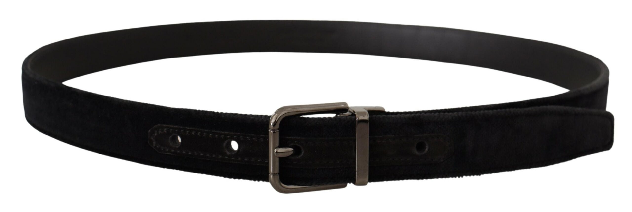 Black Velvet Silver Tone Logo Metal Buckle Belt - ventzia