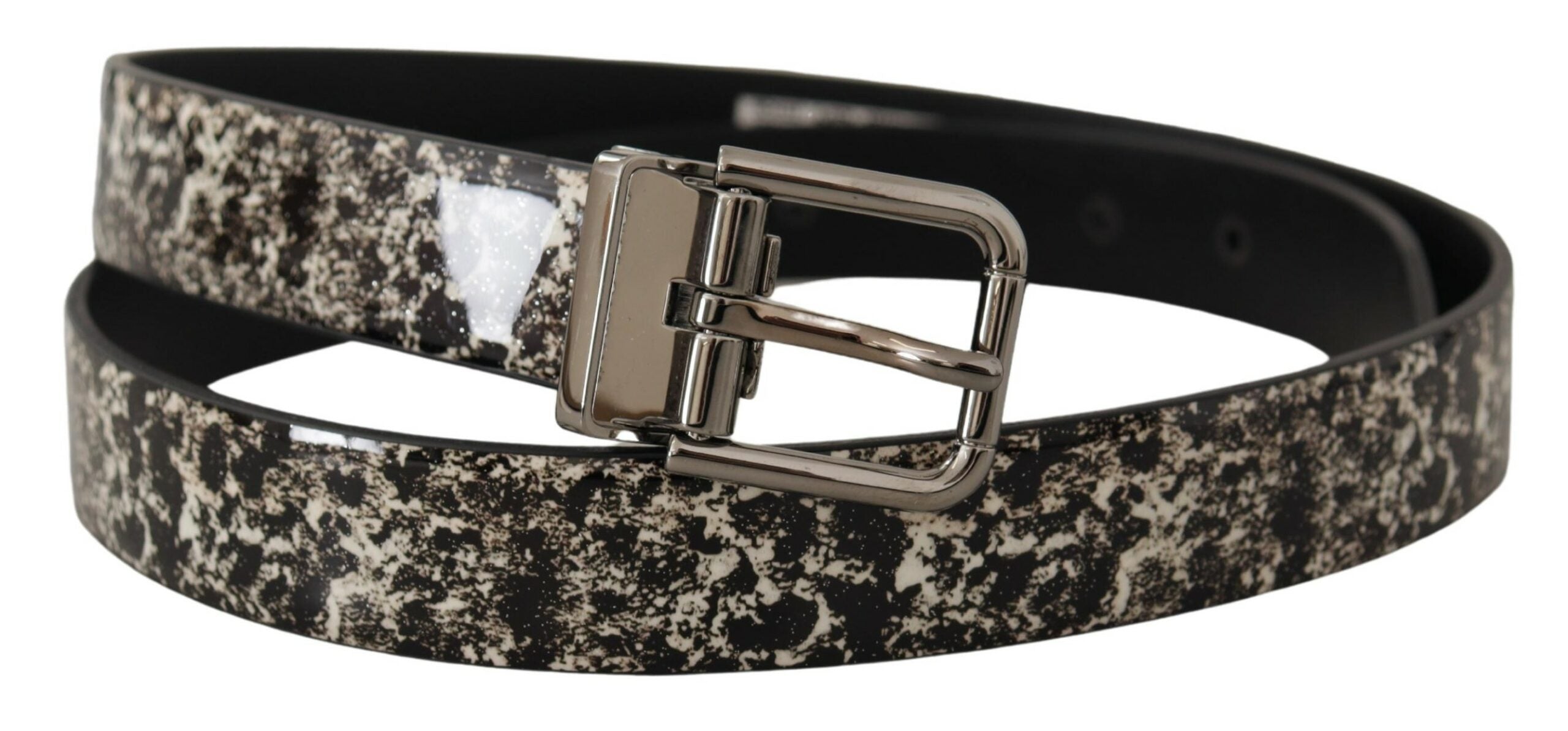 Black Marble Print Leather Silver Logo Buckle Belt - ventzia