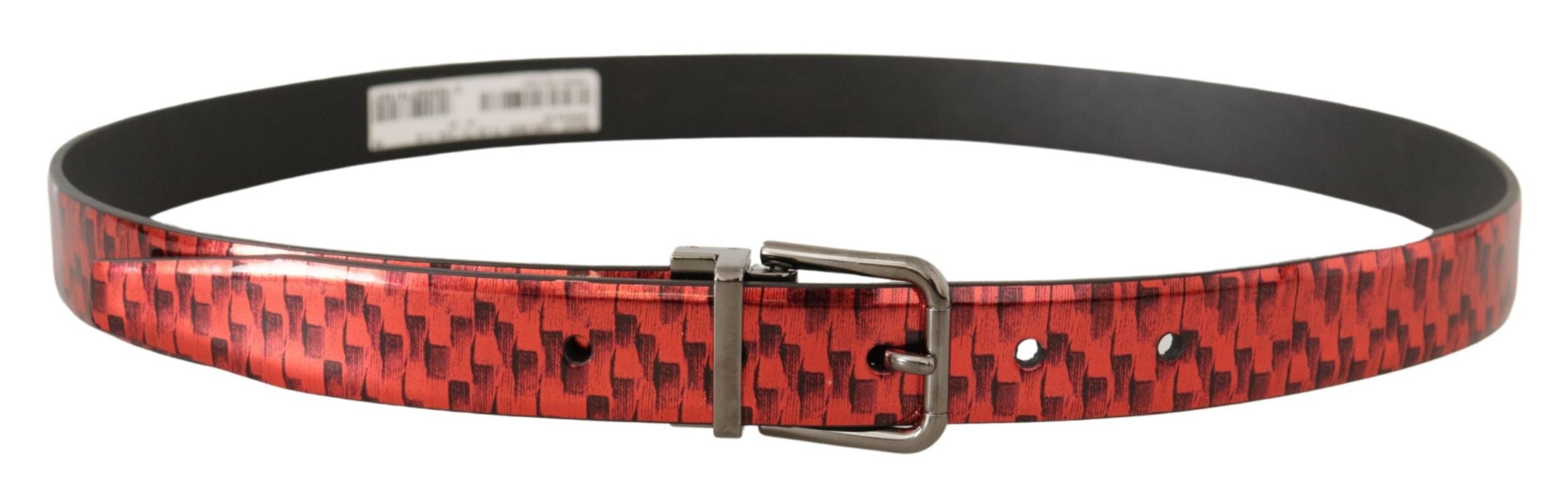 Red Herringbone Leather Gray Tone Buckle Belt - ventzia