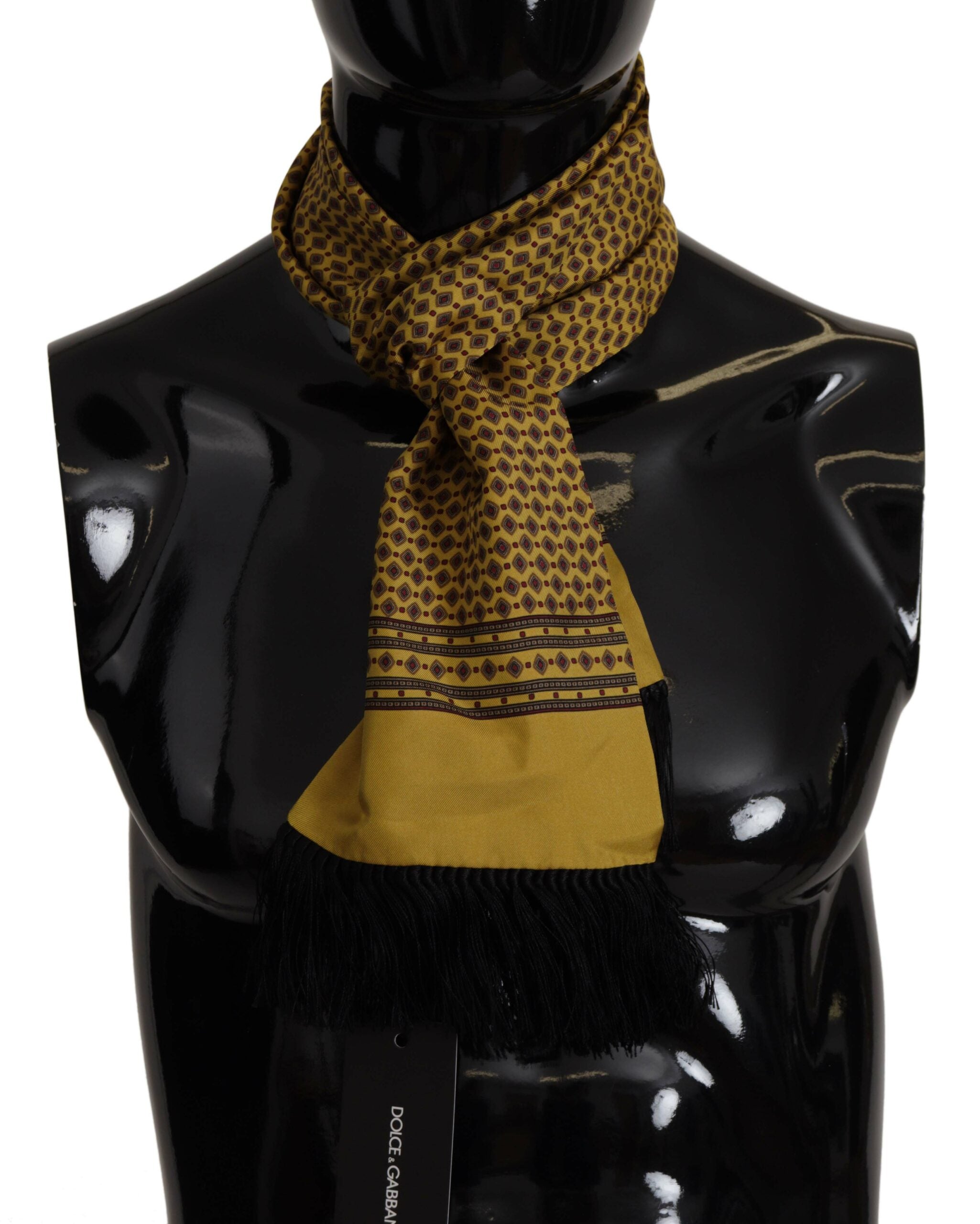 Yellow Patterned Silk Neck Wrap Fringe Scarf - ventzia