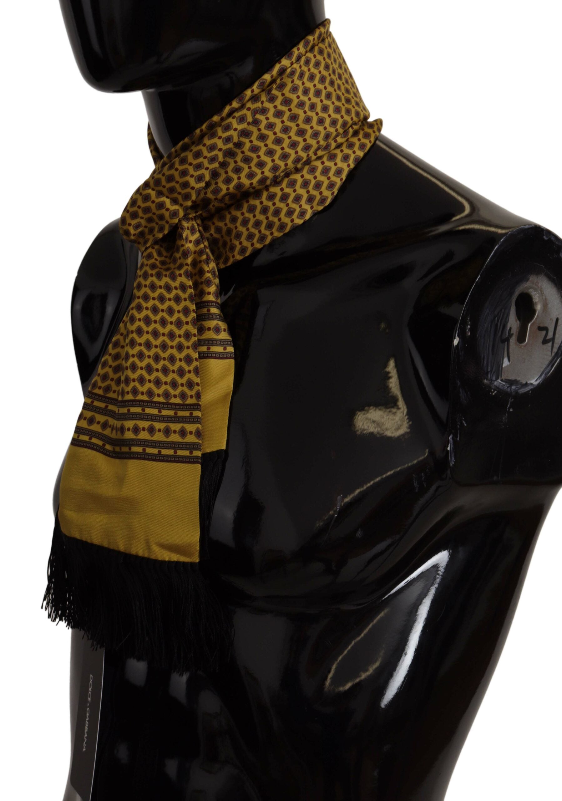 Yellow Patterned Silk Neck Wrap Fringe Scarf - ventzia