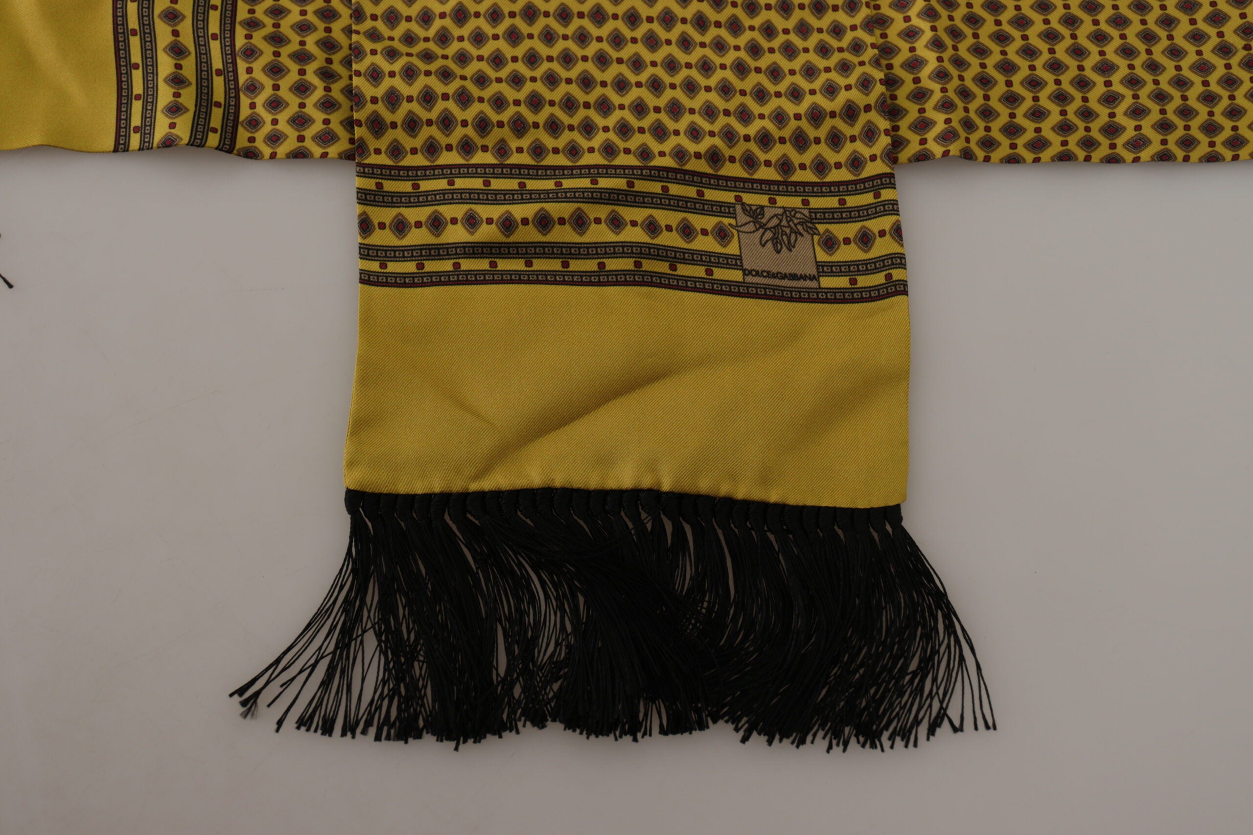 Yellow Patterned Silk Neck Wrap Fringe Scarf - ventzia