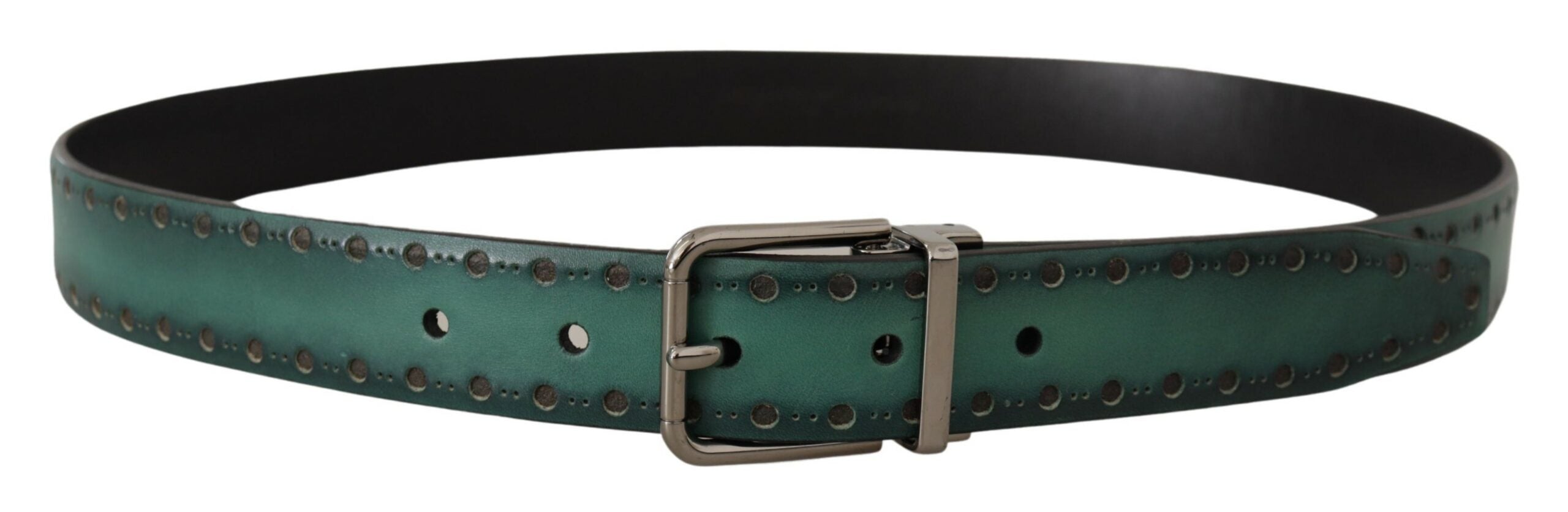 Green Giotto Leather Silver Metal Buckle Belt - ventzia