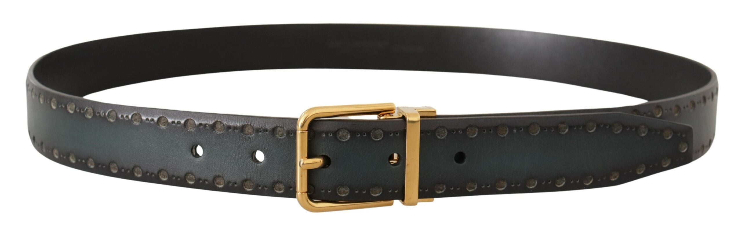 Green Perforated Leather Brass Metal Belt - ventzia
